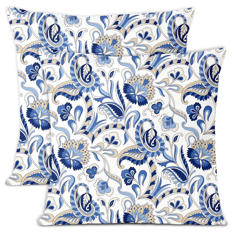 Encasa XO Polyester Cushion Covers | Digital Chintz Blue Print | Water Repellent, Fade Resistant, Skin Friendly Fabric | Ideal for Outdoor and Indoor Use | 20"x20" (50x50 cm) | Set of 2