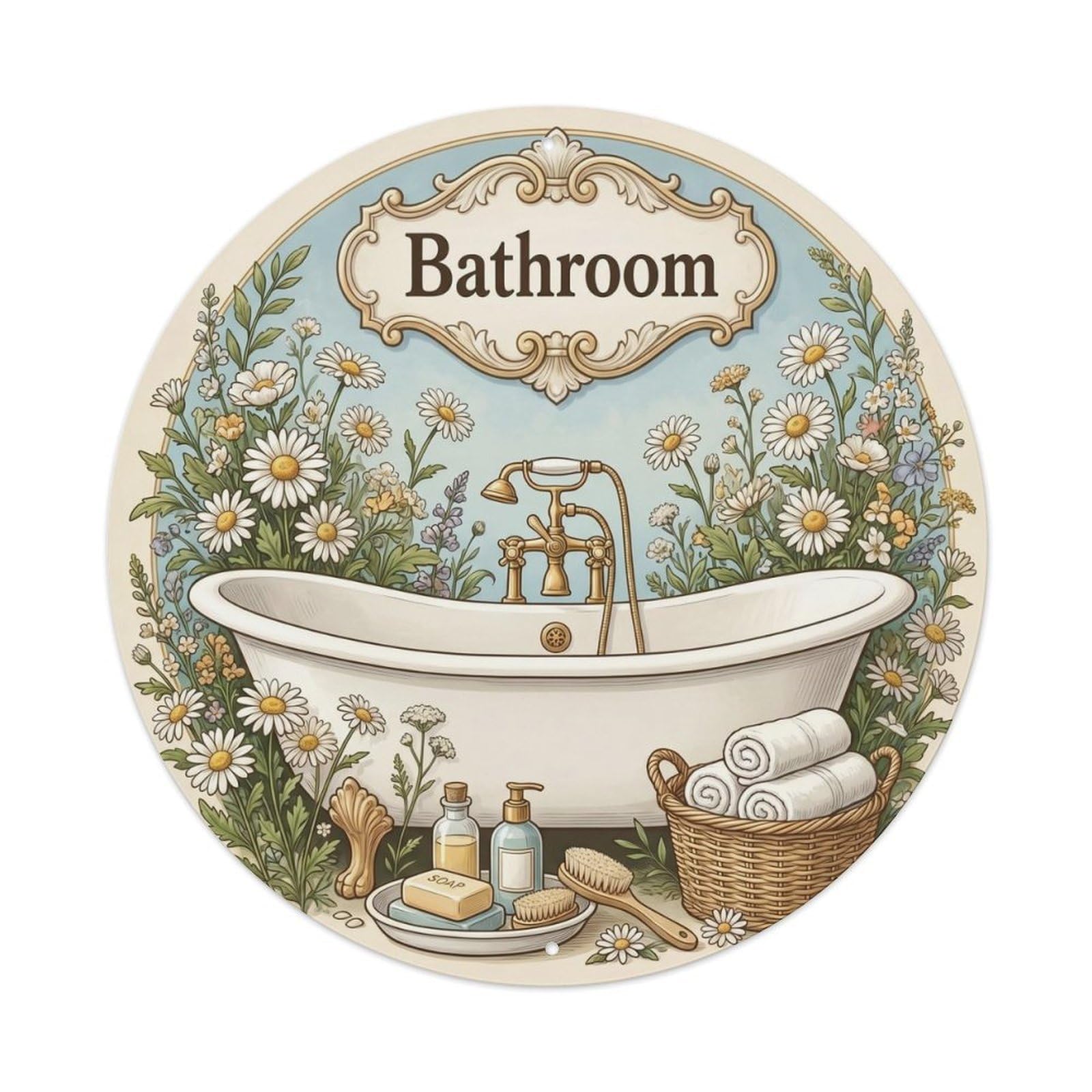 Bathroom Daisy Round Metal Tin Sign