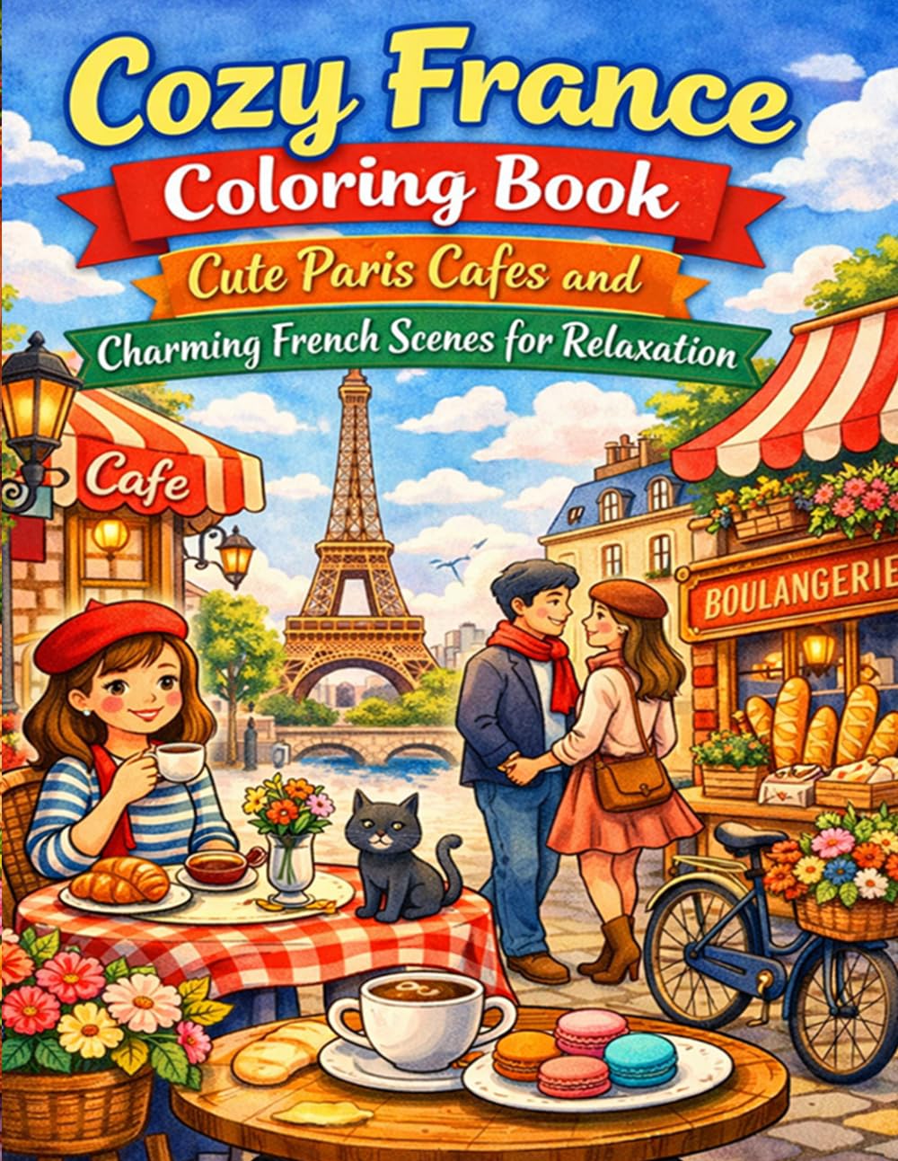 Cozy France Coloring Book: Cute Paris Cafes and Charming French Scenes for Relaxation: Adorable Paris Streets Bakeries Cafes and Relaxing French Moments for Adults and Teens