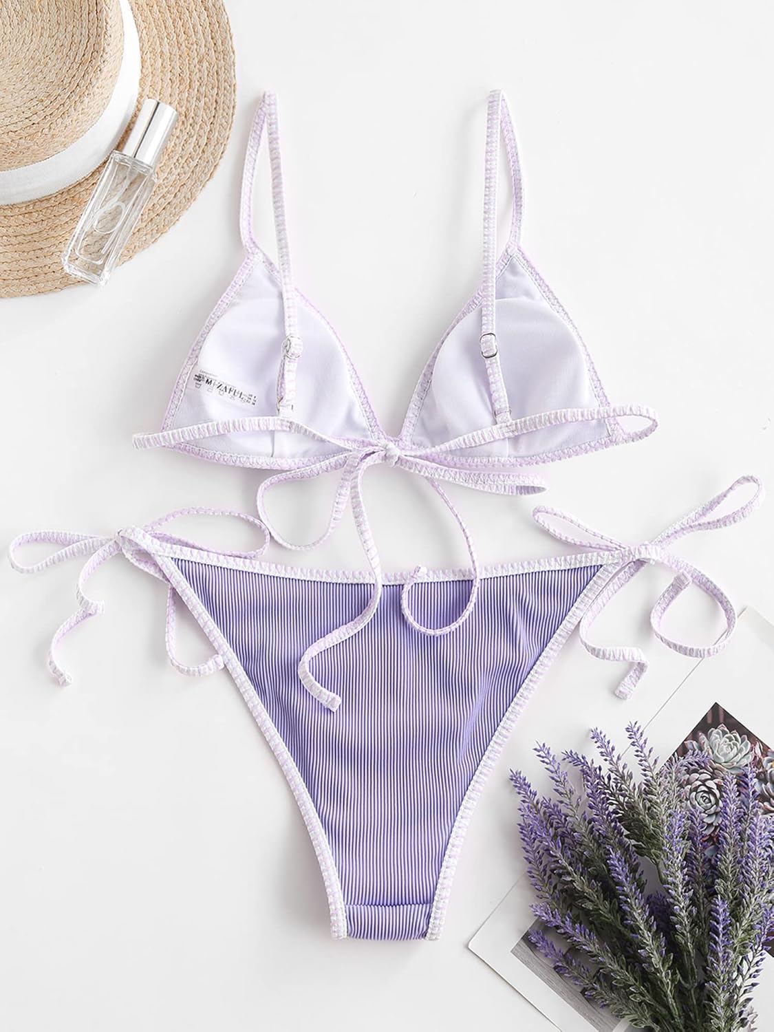 ZAFUL Women's Triangle Bikini Tie Side Whip Stitch String Bikini Two Piece Swimsuit Bathing Suits (3-Mauve, M) - Image 3