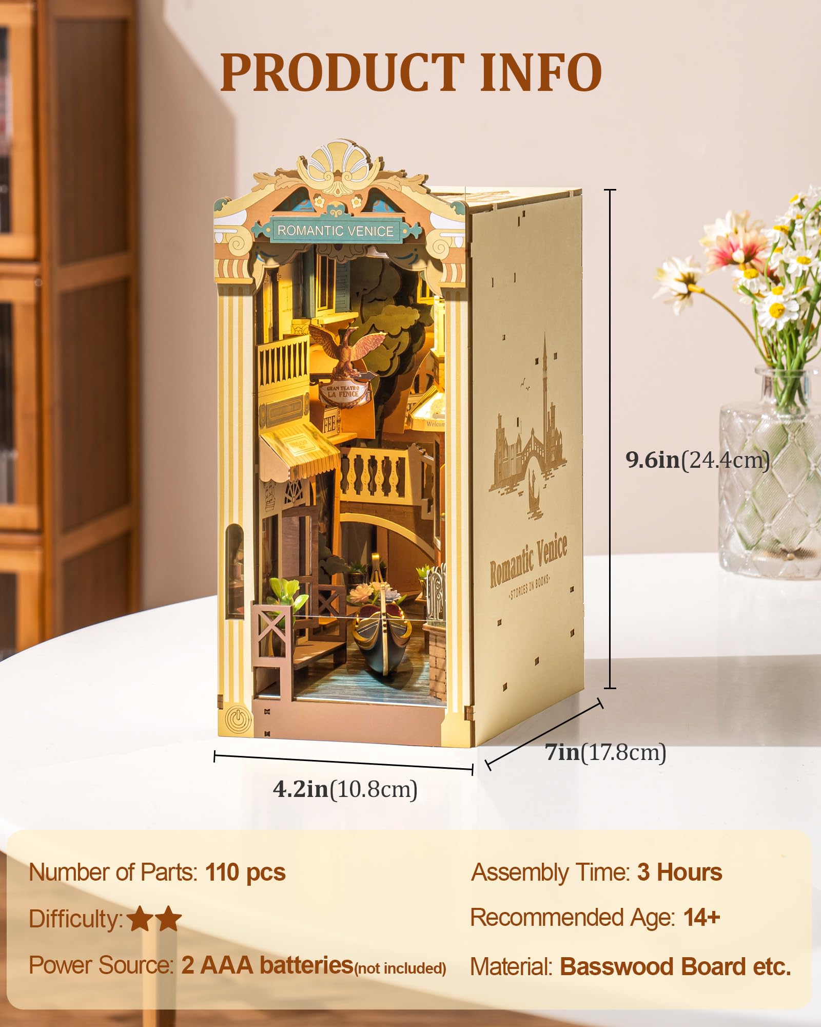 ROBOTIME Book Nook Venise Romantique avec Lumières LED, Booknook Maison Miniature a Construire, Nook Book Kit Bibliothèque, Cadeaux pour Adultes et Enfants