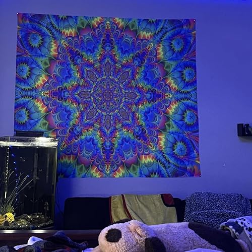 Miniatura 2 de OSVINO Tapiz de mandala de luz negra de 79 x 59 pulgadas, tapiz psicodélico bohemio que brilla en la oscuridad, telón de fondo colorido, decoración