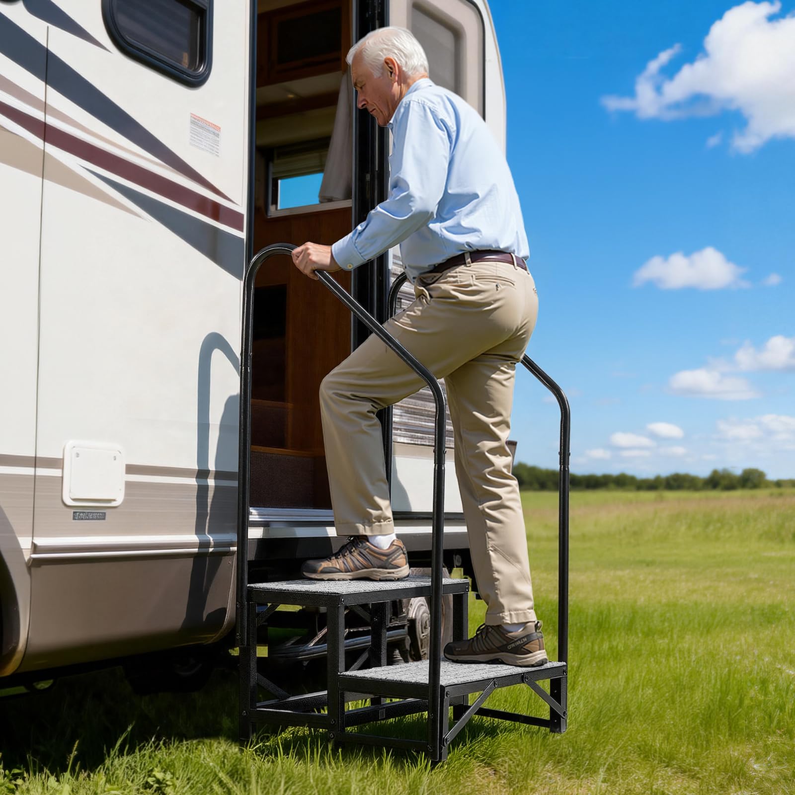VEVOR Escalier Mobile à 2 Marches, Marchepied avec 2 Rampes pour Caravane, Portable pour Camping-Car, Spa, Piscine, avec Patins Antidérapant pour Personnes Âgées, Animaux Domestiques, Capacité 300 kg