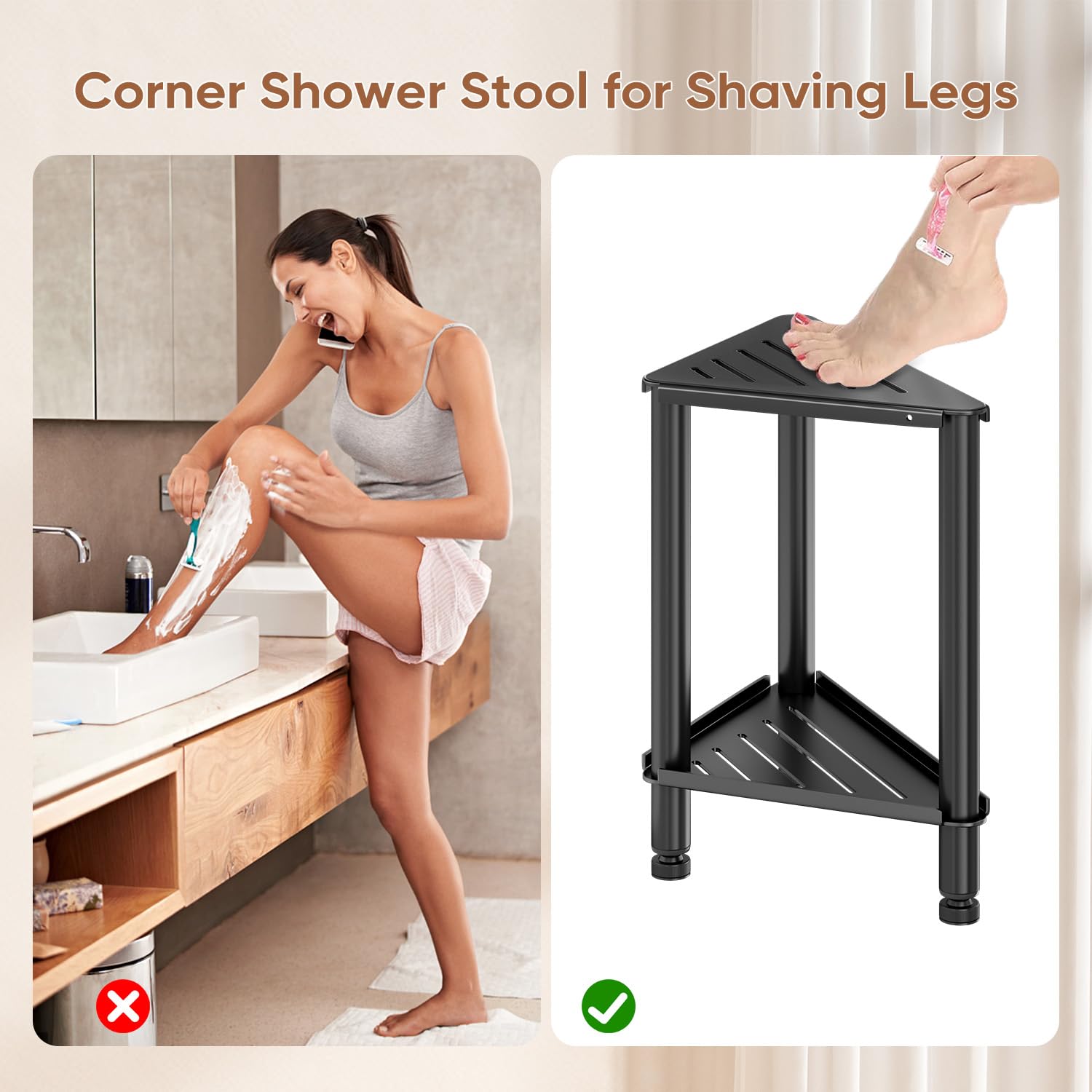 XJJX Metal Corner Shower Stool for Shaving Legs,Shower Bench for Inside Shower,Corner Shower Bench with Storage Shelf,Shower Foot Rest Bench Suitable for Small Shower Spaces