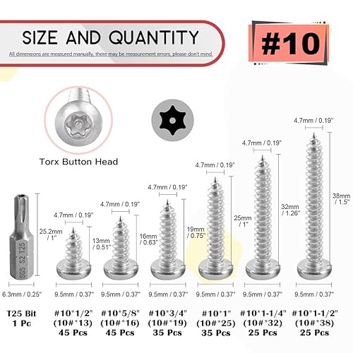 Miniatura 2 de Hilitchi Juego de 210 tornillos de acero inoxidable #10 Torx con cabeza de botón para chapa metálica antirrobo, de seguridad, antirrobo, a prueba de