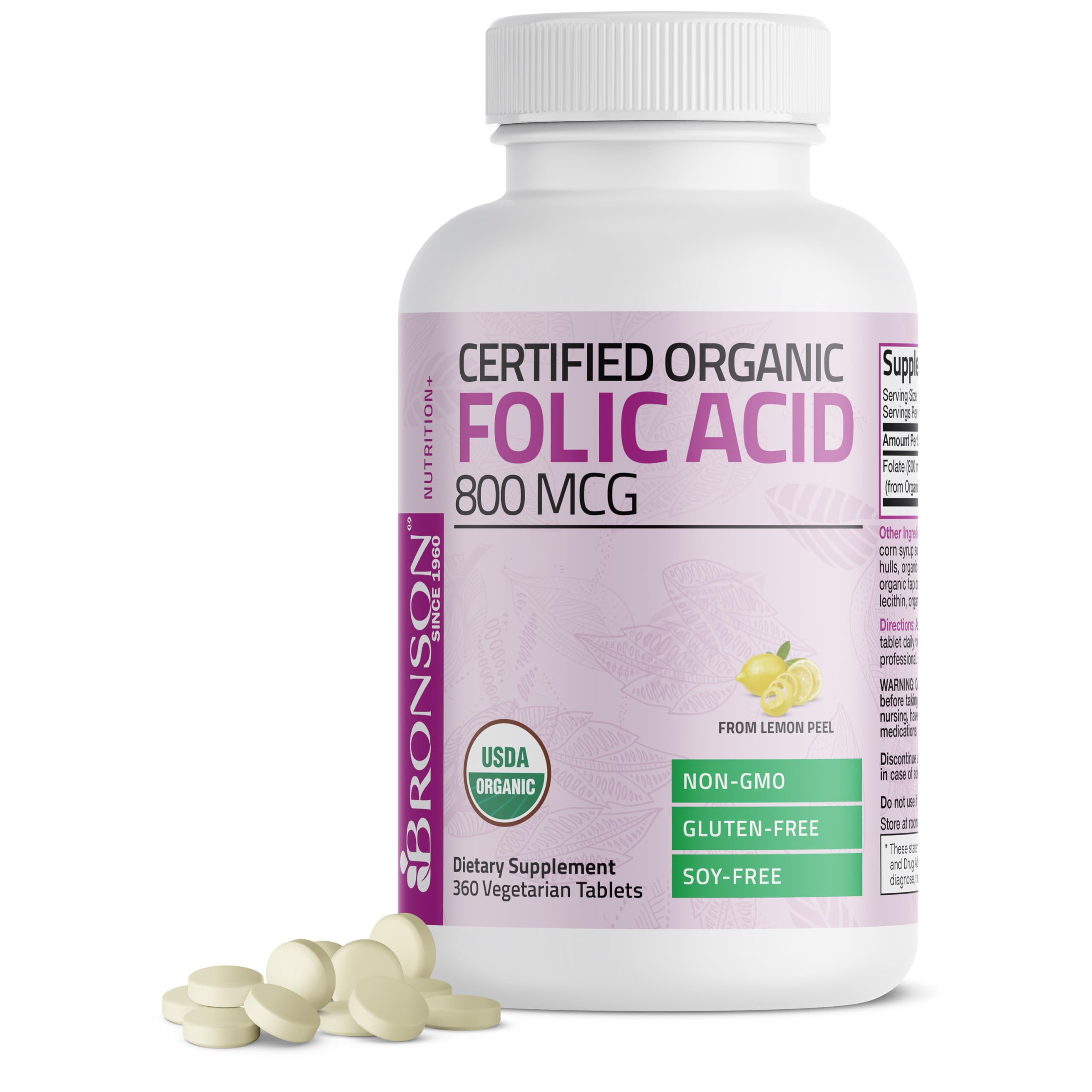 Bronson Folic Acid 800 mcg, USDA Certified Organic, 360 Tablets Unflavored 360 Count (Pack of 1)