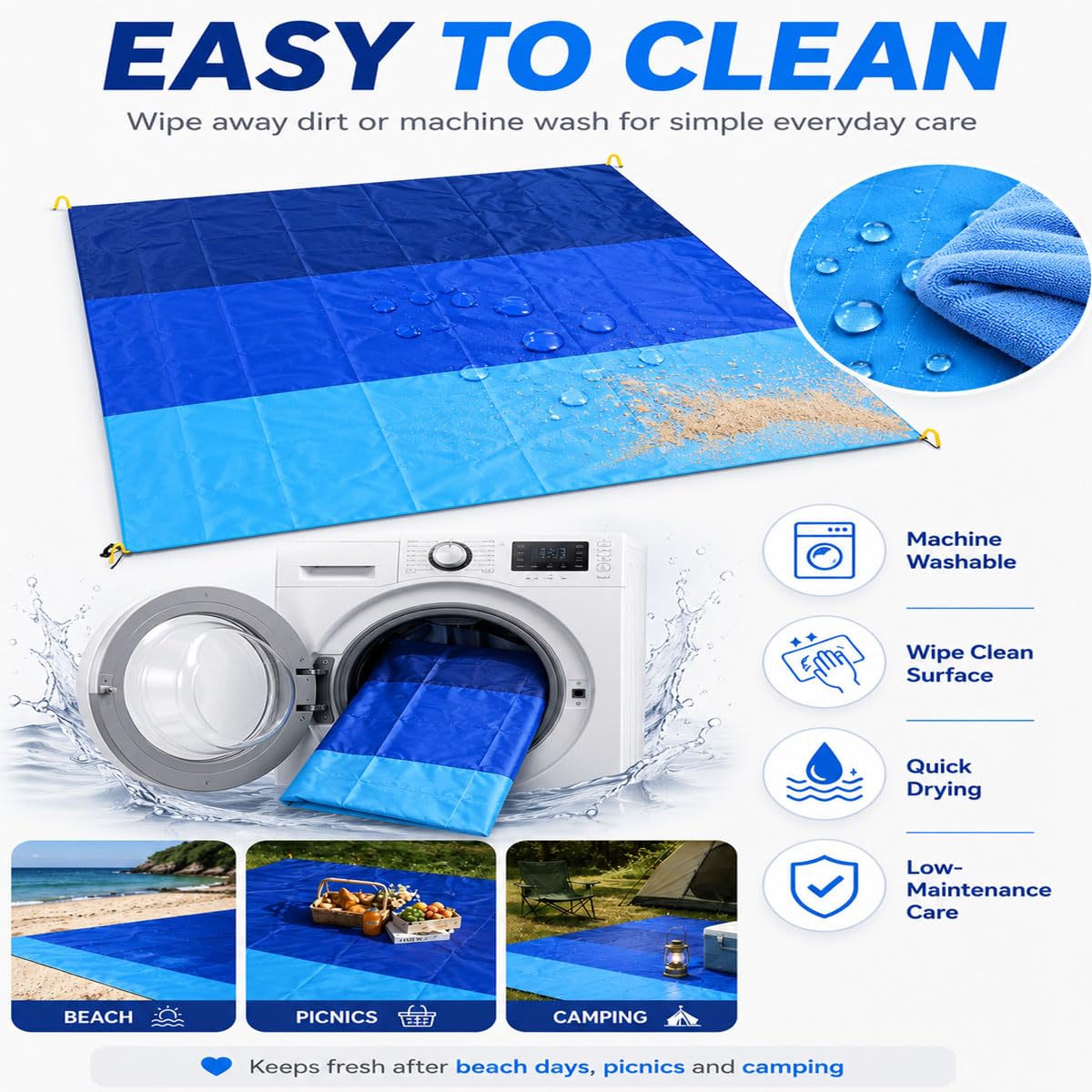 Grande Couverture De Plage Imperméable 200 X 210 Cm, Tapis De Pique-nique | Grand Tapis De Pique-nique Imperméable Et Résistant Au Sable Avec 4 Piquets De Sol, Sac De Transport Compact Et Surface Facil