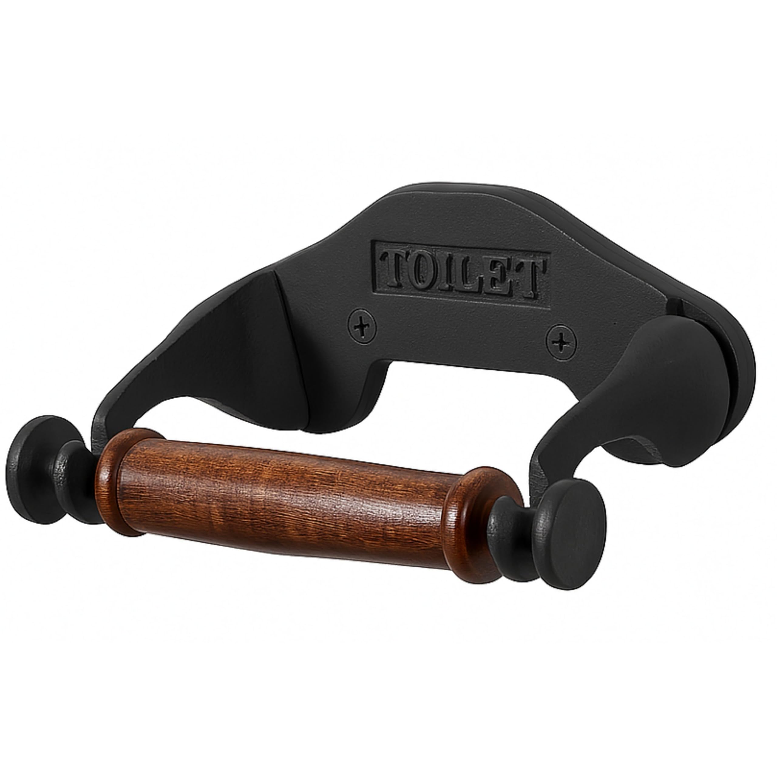 Toilet Roll Holder Wall Mounted Industrial Style Toilet Embossed – Cast Iron Black Toilet Paper Holder Wooden Loop Bathroom Accessories Easy to Install