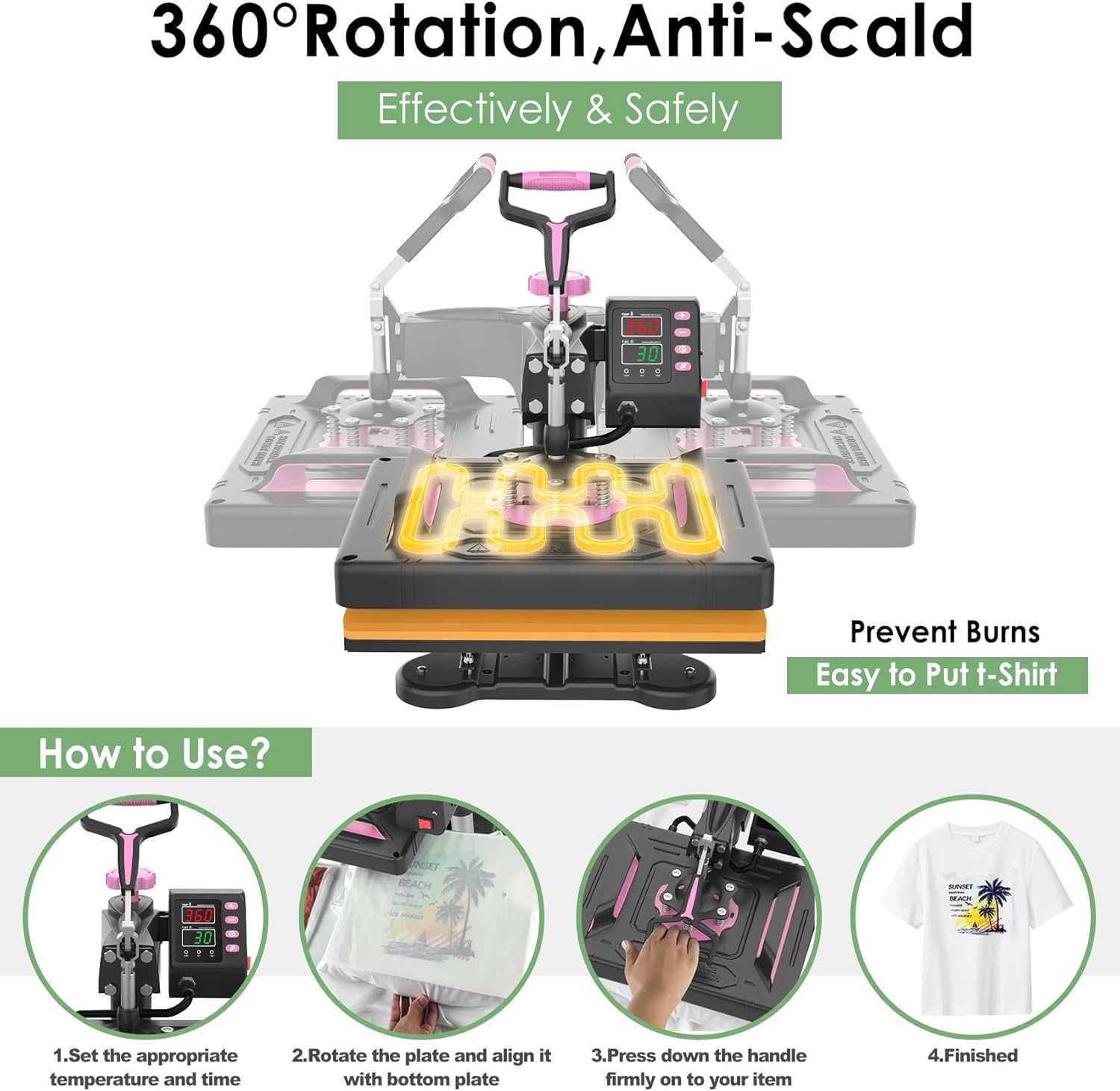 Seeutek Heat Press 5 in 1 Heat Press Machine 12x15 inch T Shirt Pressing Machine with 360 Degree Swing Away, Multifunction Heat Transfer Sublimation Combo for T Shirts Mugs Hat Plate Cap Pink