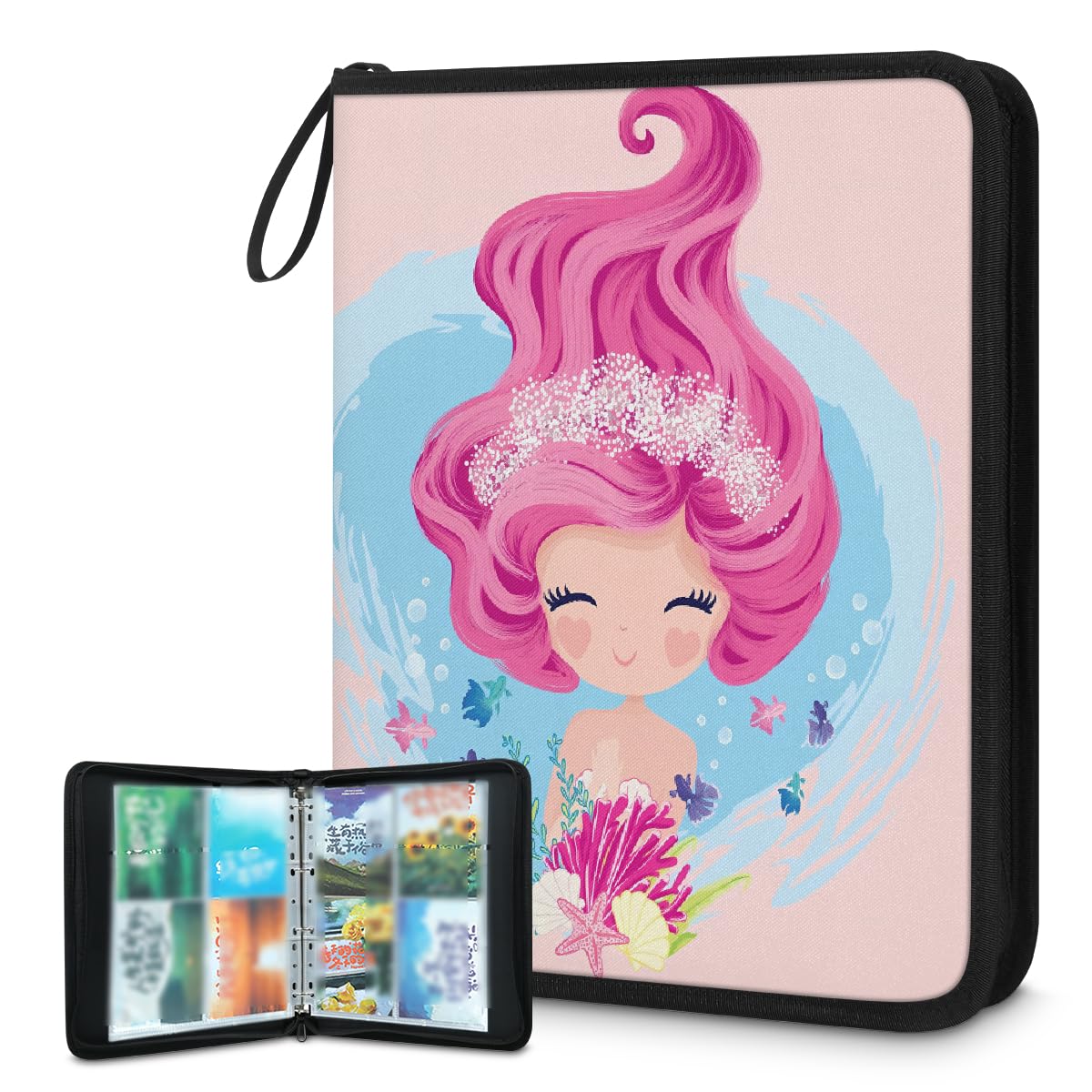 Carpeta para tarjetas coleccionables con 4 bolsillos, diseño de princesa sirena, con fundas extraíbles, impermeable, con cremallera, capacidad para 50 páginas y 400 tarjetas