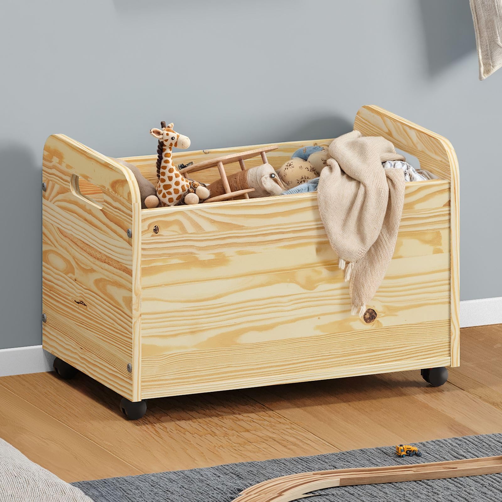 IDIMEX Coffre à Jouets Benjamin sur roulettes 60 x 43 x 40 cm en Bois pour Chambre d'enfant, Rangement Montessori Jouets Peluches, Facile à déplacer, Coloris Naturel