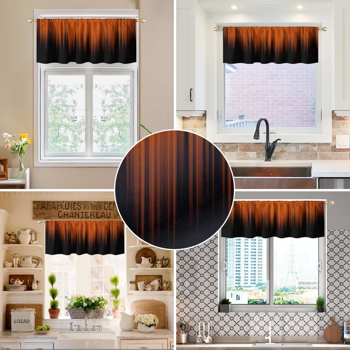 AAtter Orange Black Kitchen Valance, Ombre Rod Pocket, 52" W x 18" L image 4