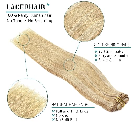 Miniatura 3 de Lacer Extensiones de cabello humano con broches, color marrón dorado claro, mezcla con rubio platino, encaje de doble trama, extensiones de cabello