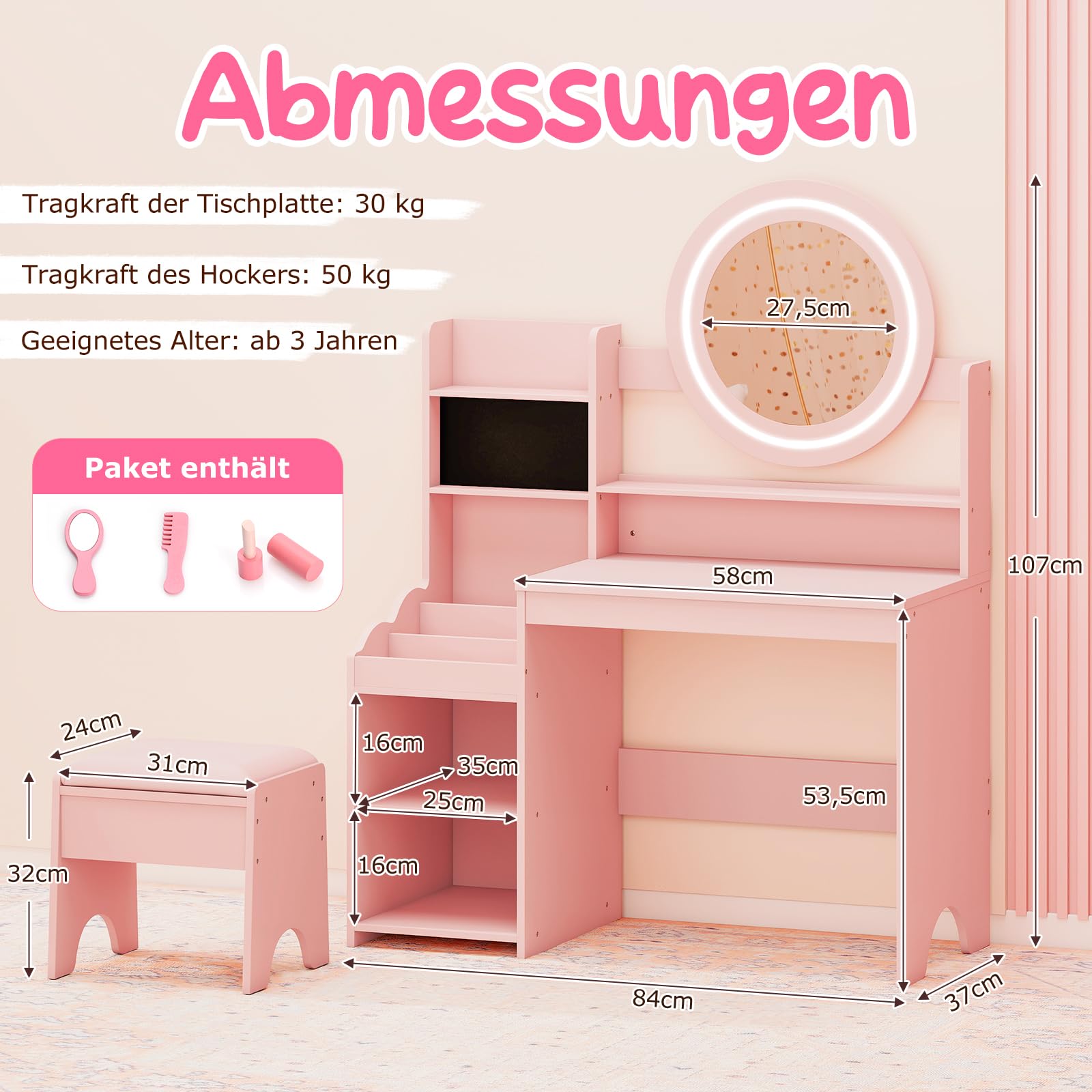 COSTWAY Kinder Schminktisch mit Beleuchtung, Kinderschminktisch mit Spiegel, Regalen & gepolstertem Hocker, Prinzessin Frisiertisch aus Holz, Schminkkommode für Mädchen ab 3 Jahren (Rosa)