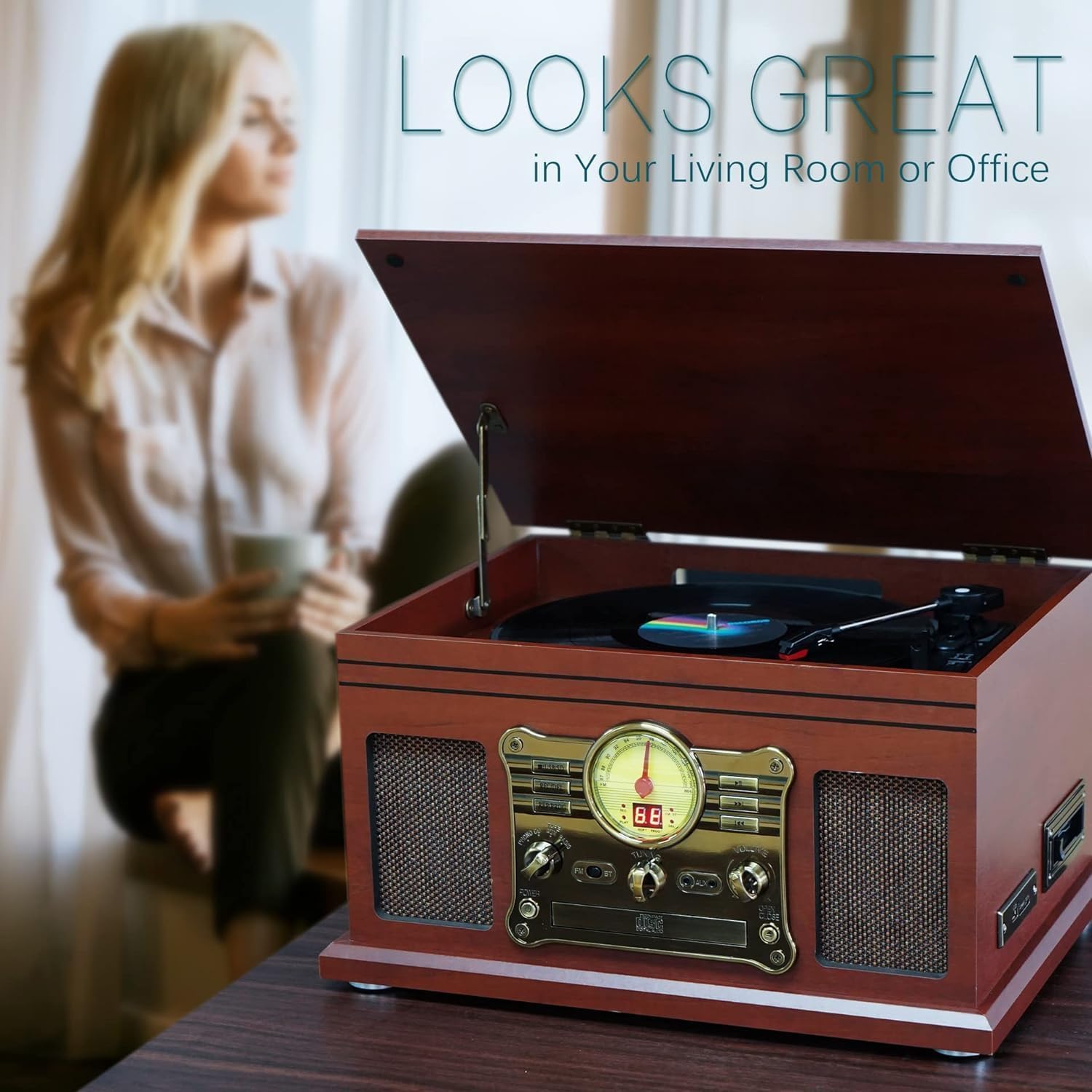 Mersoco Giradischi Vinile Bluetooth con altoparlanti stereo, Convertitore LP da vinile a MP3 con CD, lettore di cassette, radio FM, Aux in e prese per cuffie