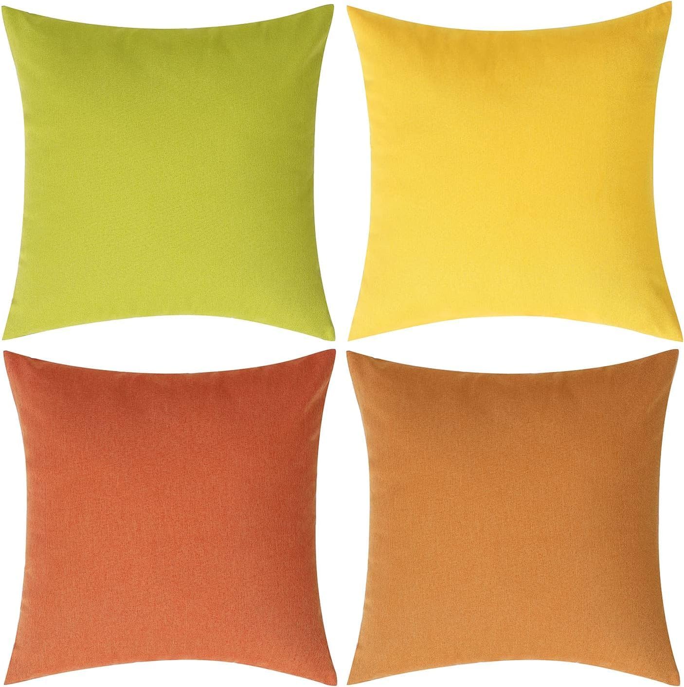 WEMEON Outdoor Waterproof Pillow Covers18x18in Set of 4, Solid Color Pillows Decorative Square Patio Furniture Pillows for Couch Patio Balcony Tent Garden(Orange/Teal) (20“x20”, Orange/Yellow)
