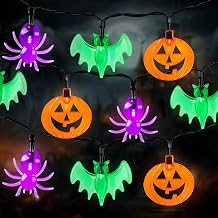 RECESKY 2Pack 20 LED Pumpkin Bat Spider String Lights with Timer - Total 13Ft Orange Purple Green Battery Halloween String Light - Creepy Decor for Indoor Outside House Bedroom Holiday Decorations