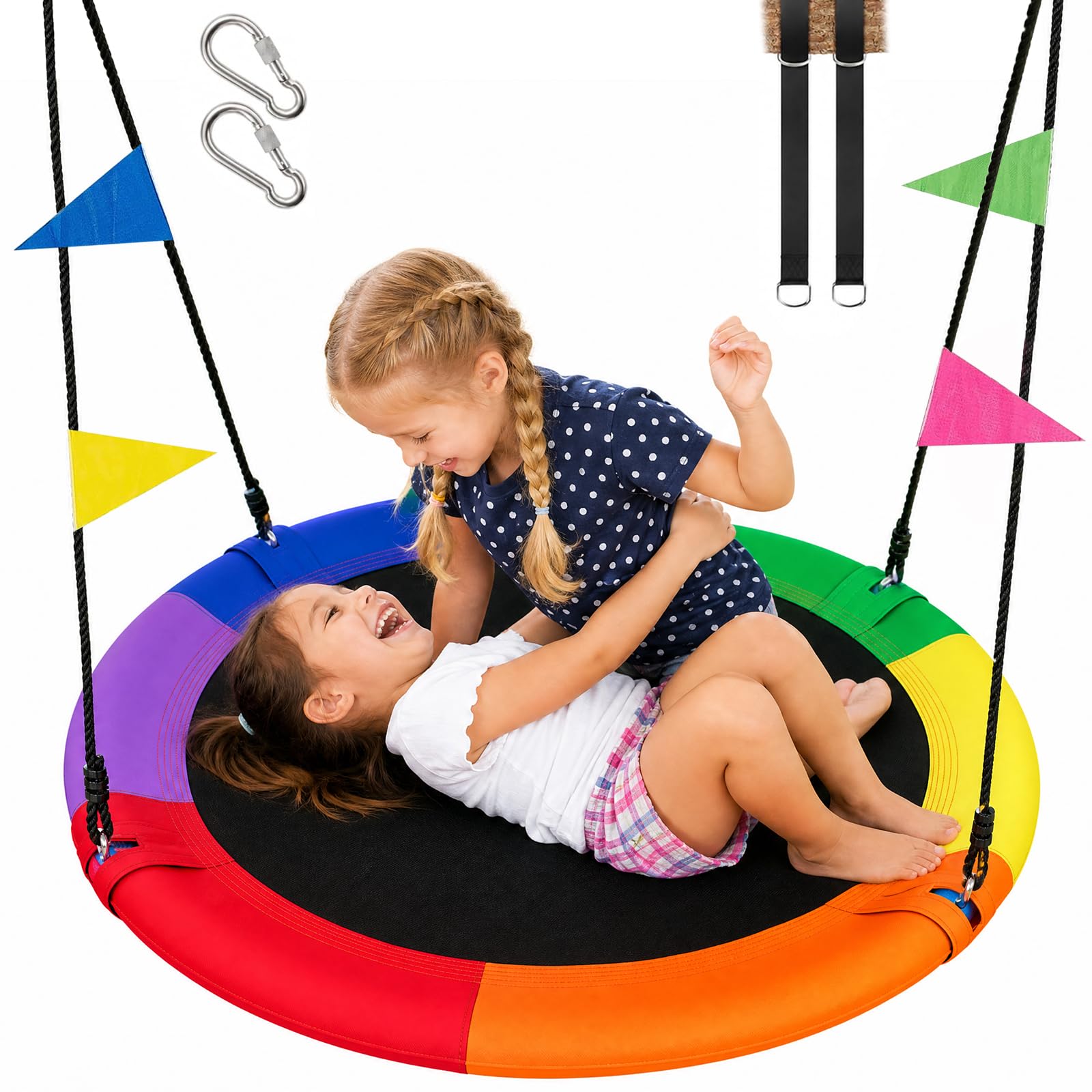 Kynorva Rainbow Saucer Tree Swing, 700LBS Heavy Duty Nest Swing for Kids & Adults, Weatherproof Round Swing with Adjustable Ropes & Full Hanging Kit, Indoor Outdoor Garden Play Toy (100CM)