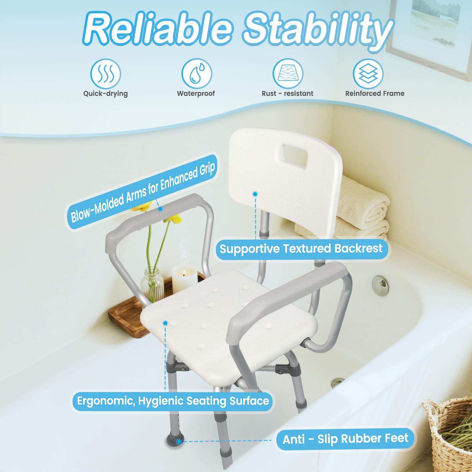 Silla de ducha de 360 grados para ducha interior con brazos y respaldo, asiento de baño de seguridad ajustable en altura, taburete de ducha resistente para ancianos, discapacitados y discapacitados