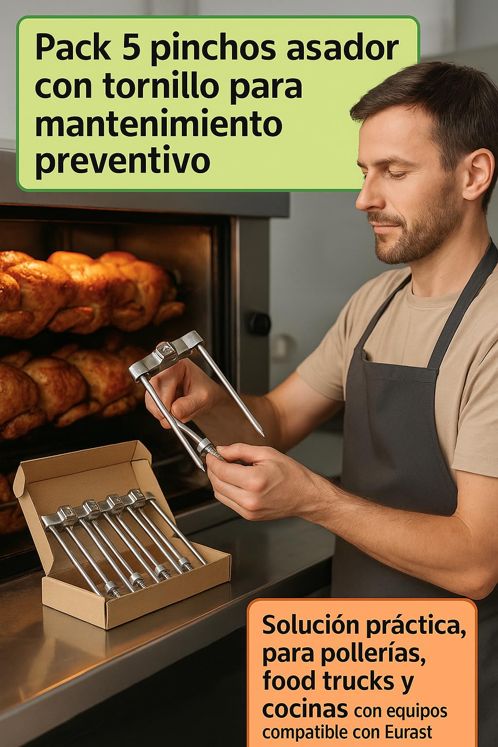 Pincho Asador con Tornillo Pack 5 Recambio Profesional para Asador Pollos Compatible con Eurast 97AP10002 Acero Inoxidable para Espadas 12mm Maquina Hosteleria Bar Restaurante