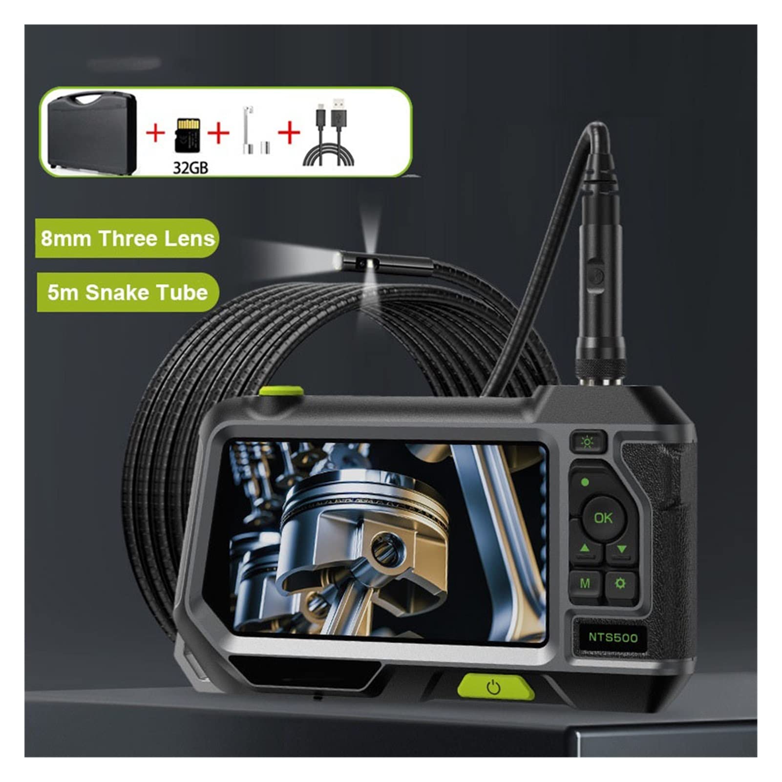 Endoscopio, 5.0" Lcd. Schermo BoresCope 8mm Tre lenti Camera di ispezione del tubo serpente 108 0P HD. Fotocamera Endoscopio industriale 6 LED IP67.