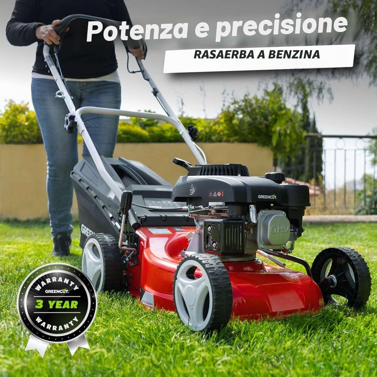 GREENCUT GLM690X – Rasaerba a benzina 132cc semovente, avviamento manuale, larghezza 41 cm, altezza regolabile, sacco 45 L, per giardini fino a 1100 m²
