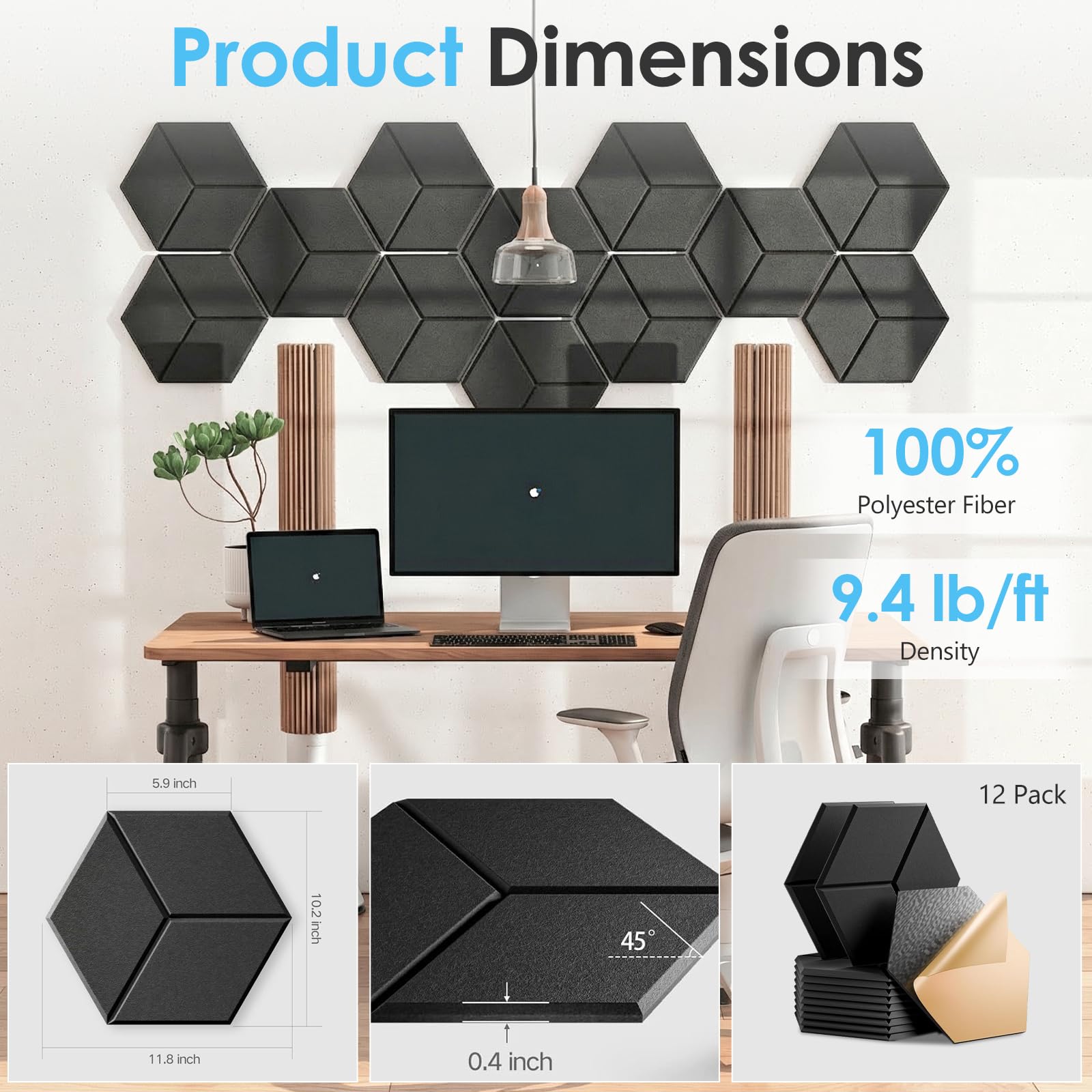Paquete de 12 Paneles Acústicos, Paneles de Pared de Espuma Autoadhesivos Hexagonales Insonorizantes, Paneles de Pared de Espuma con Cancelación de Ruido para el Hogar y la Oficina, 12" x 10" x 0.4"