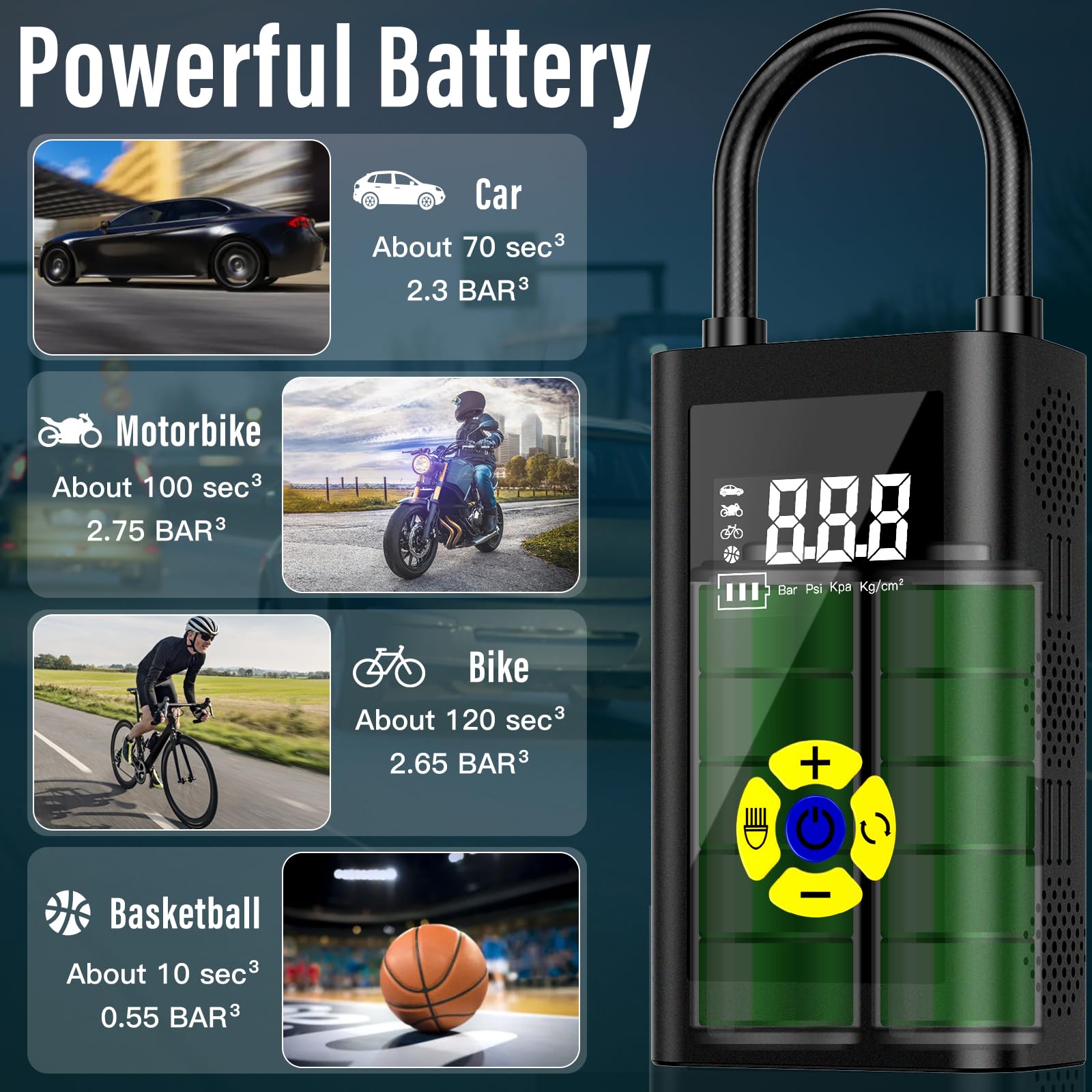 Sunlary Compressore Aria Portatile, Mini Compressore Portatile, Pompa Elettrica Per Bicicletta Con Luce USB/LED Max 150PSI Compressore Aria Portatile Ricaricabile Per Auto, Bici, Moto, Palla