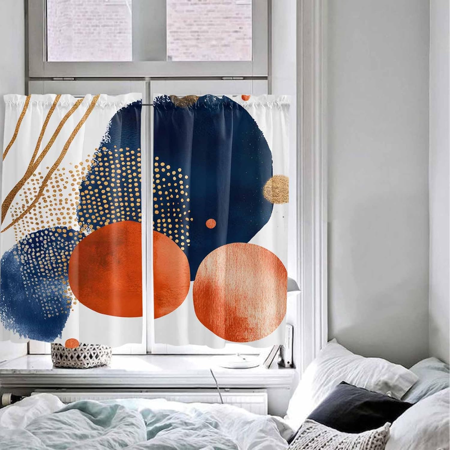 Navy Blue Burnt Orange Kitchen Curtains, Middle Century Modern Geometric Light Filtering Window Curtain Panels, 2Pcs Rod Pocket Window Treatments Set for Cabin Bathroom Bedroom 52x45 Inches