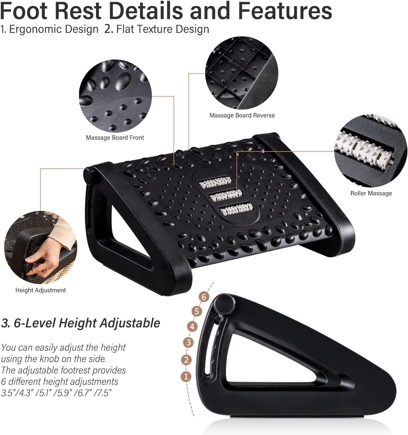 GBEX Adjustable Footrest - Accupressure Plastic Underdesk Foot Step Stool with Ergonomic Design & Massage Rollers-Anti Slip Base - Height Adjustable Foot Stool for Office Chair,Work,& Home GBEX Adjustable Footrest - Accupressure Plastic Underdesk Foot Step Stool with Ergonomic Design & Massage Rollers-Anti Slip Base - Height Adjustable Foot Stool for Office Chair,Work,& Home