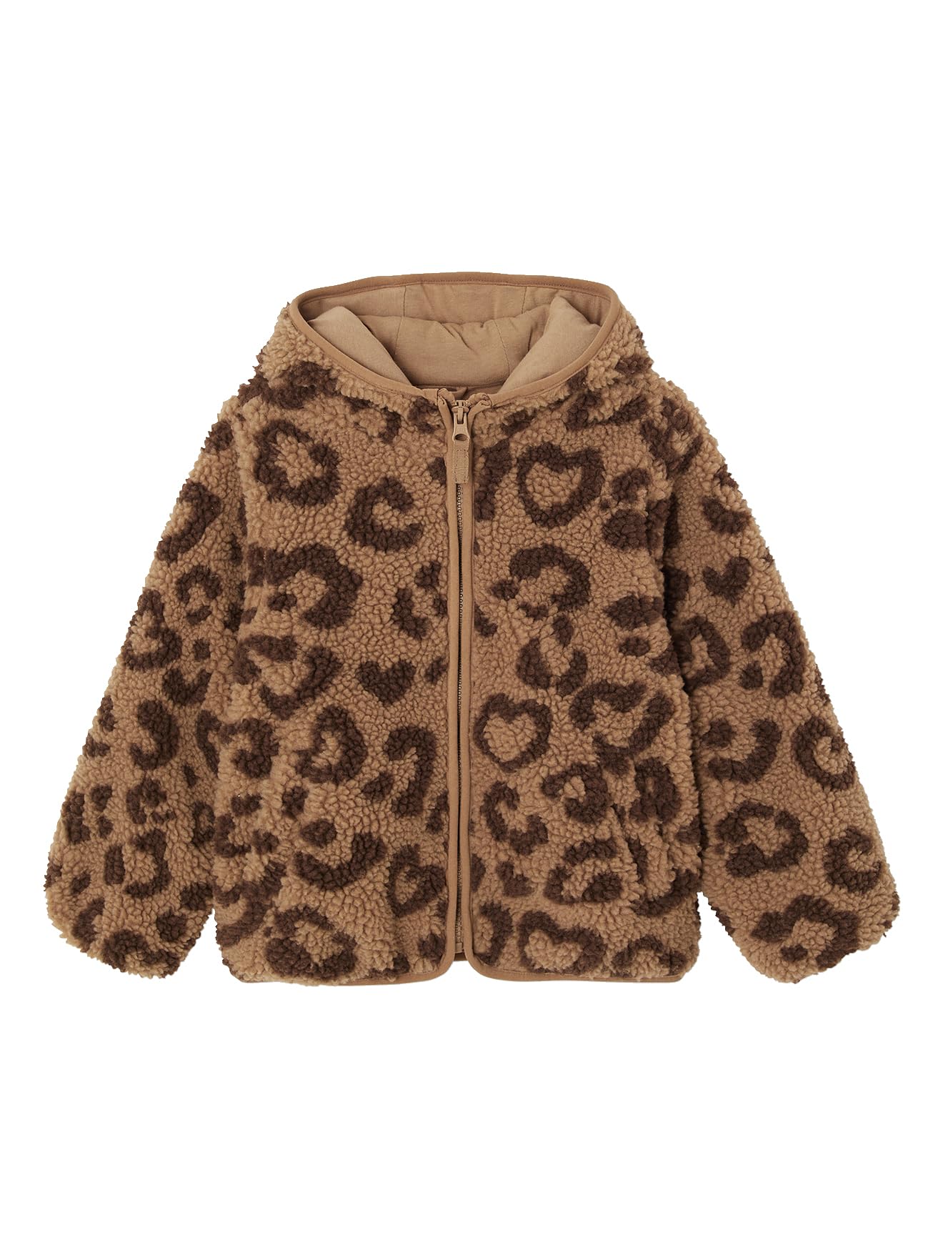 Vertbaudet Übergangsjacke aus Teddyfleece mit Kapuze und Leopardenmuster Mädchen