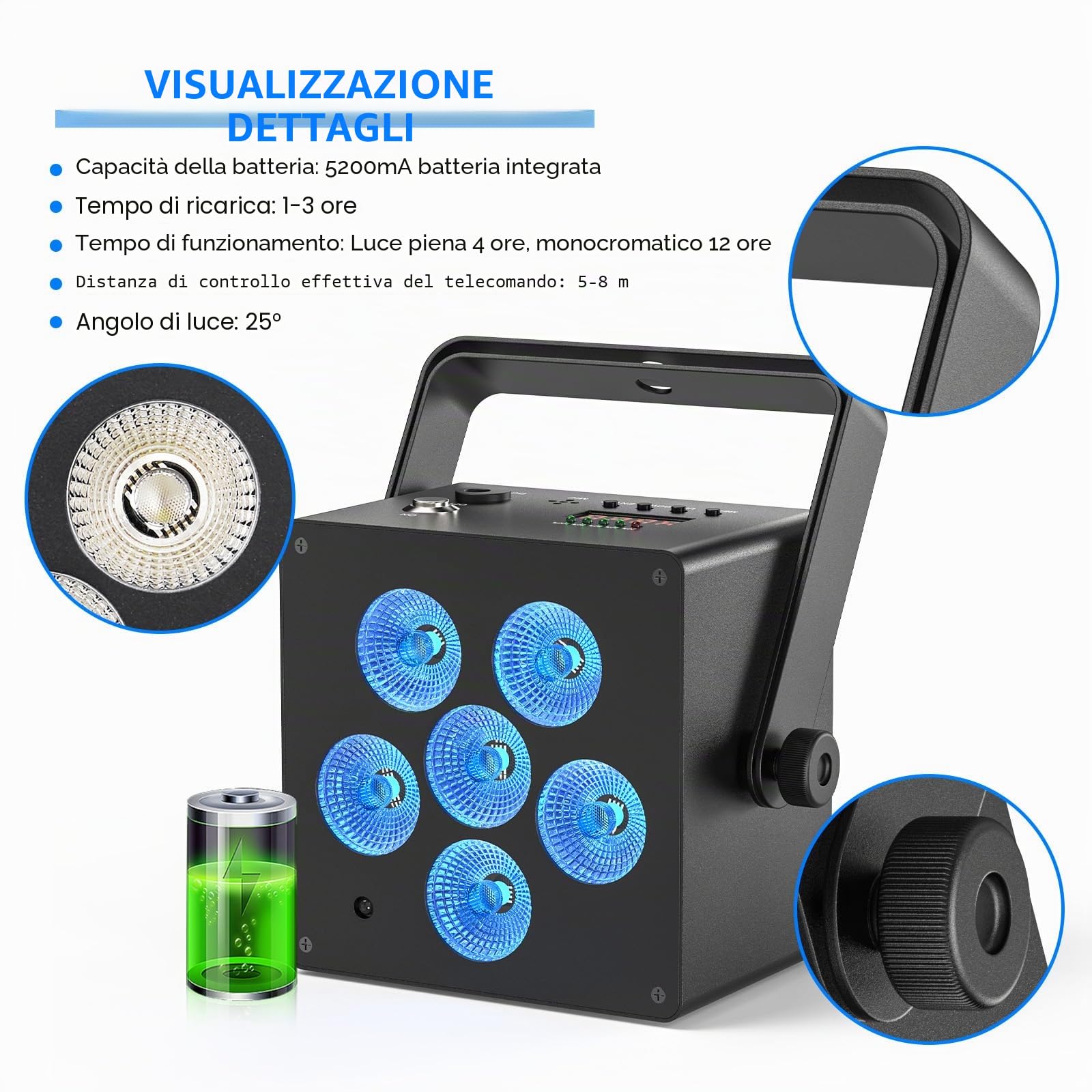 50 W Faro LED Par Batteria Uplight con telecomando, 6 in 1 RGBWA+UV DMX512 Luce da palco 5500 mA Batteria incorporata ricaricabile