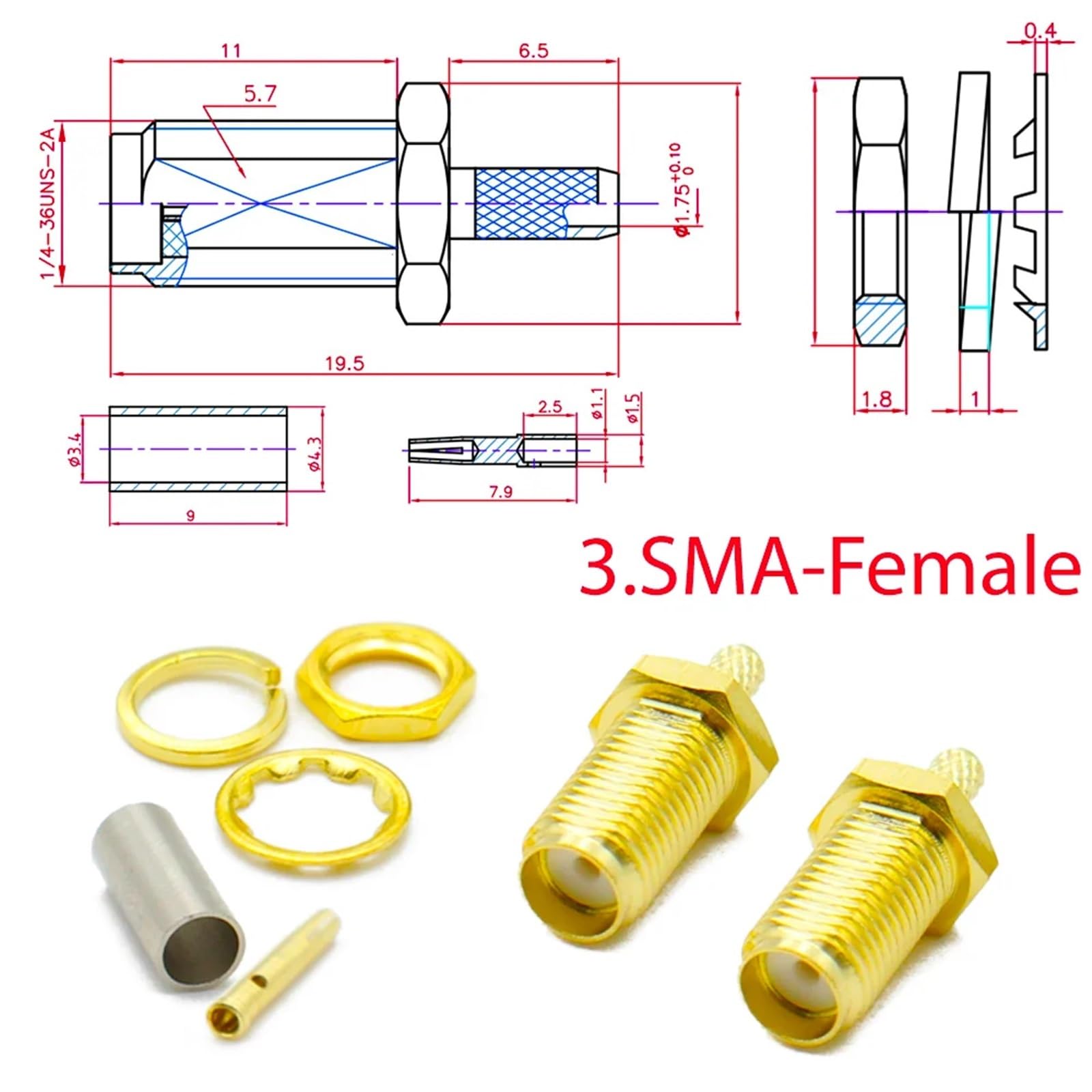 SMA Connecteur mâle femelle à sertir pour fenêtre RP Écrou central Adaptateur de cloison (type 1, 20 pièces)