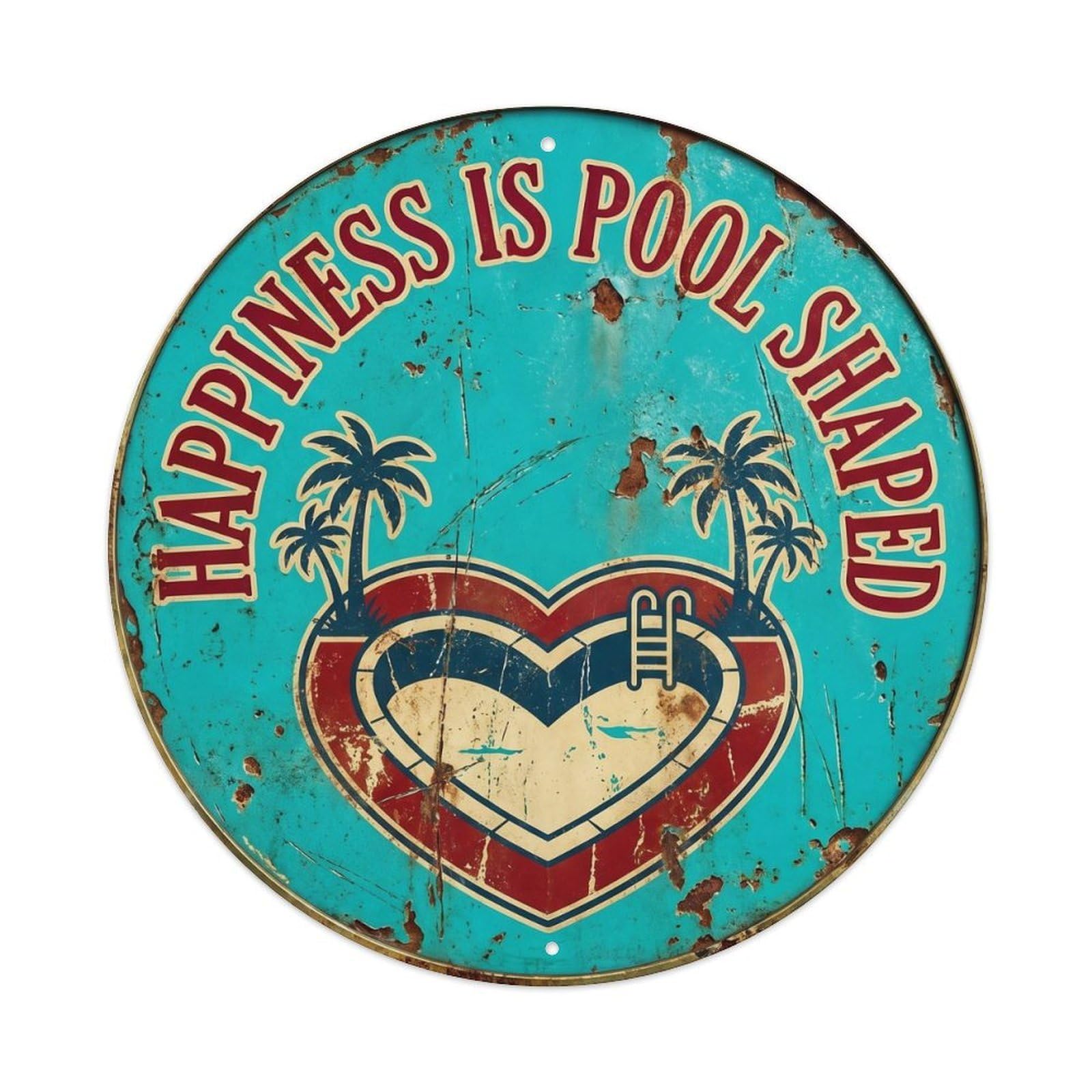 Pool Shaped Happiness Retro Paradise Escape Coastal Oasis Metal Tin Sign Plaque Wall Decor for Cafe, Man Cave, Club Bar, Office, Home Garden Round Metal Poster 8x8Inch
