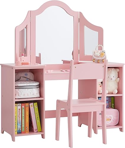 Miniatura 13 de Gabinete de almacenamiento de maquillaje de princesa 2 en 1 con parte superior desmontable, juego de tocador para niñas con espejo de tres pliegues,