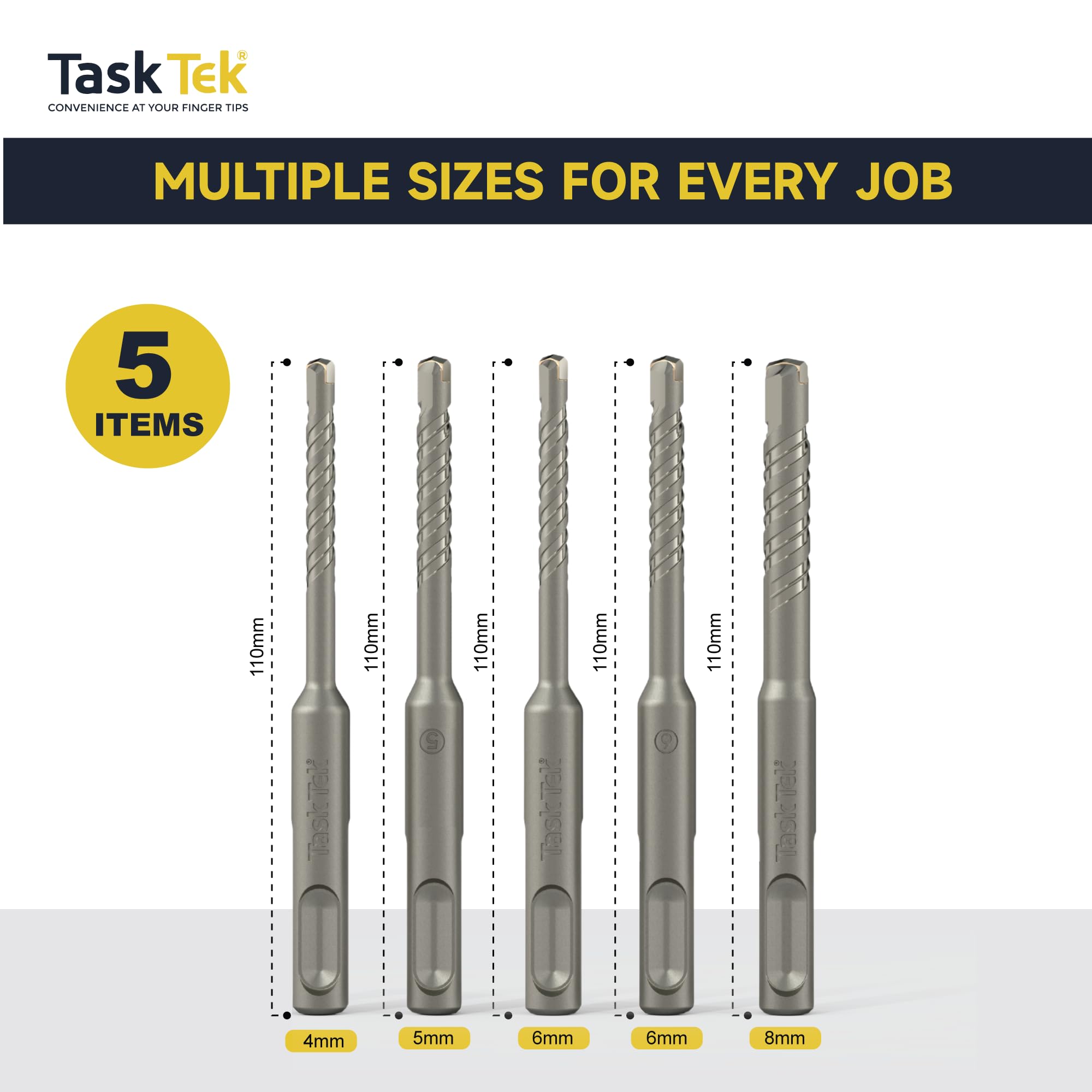 TASKTEK SDS Plus Hammer Drill Bits Set, for Concrete Brick & Masonry, Pack of 5, High-Speed Steel with Tungsten Carbide Tips - Image 2