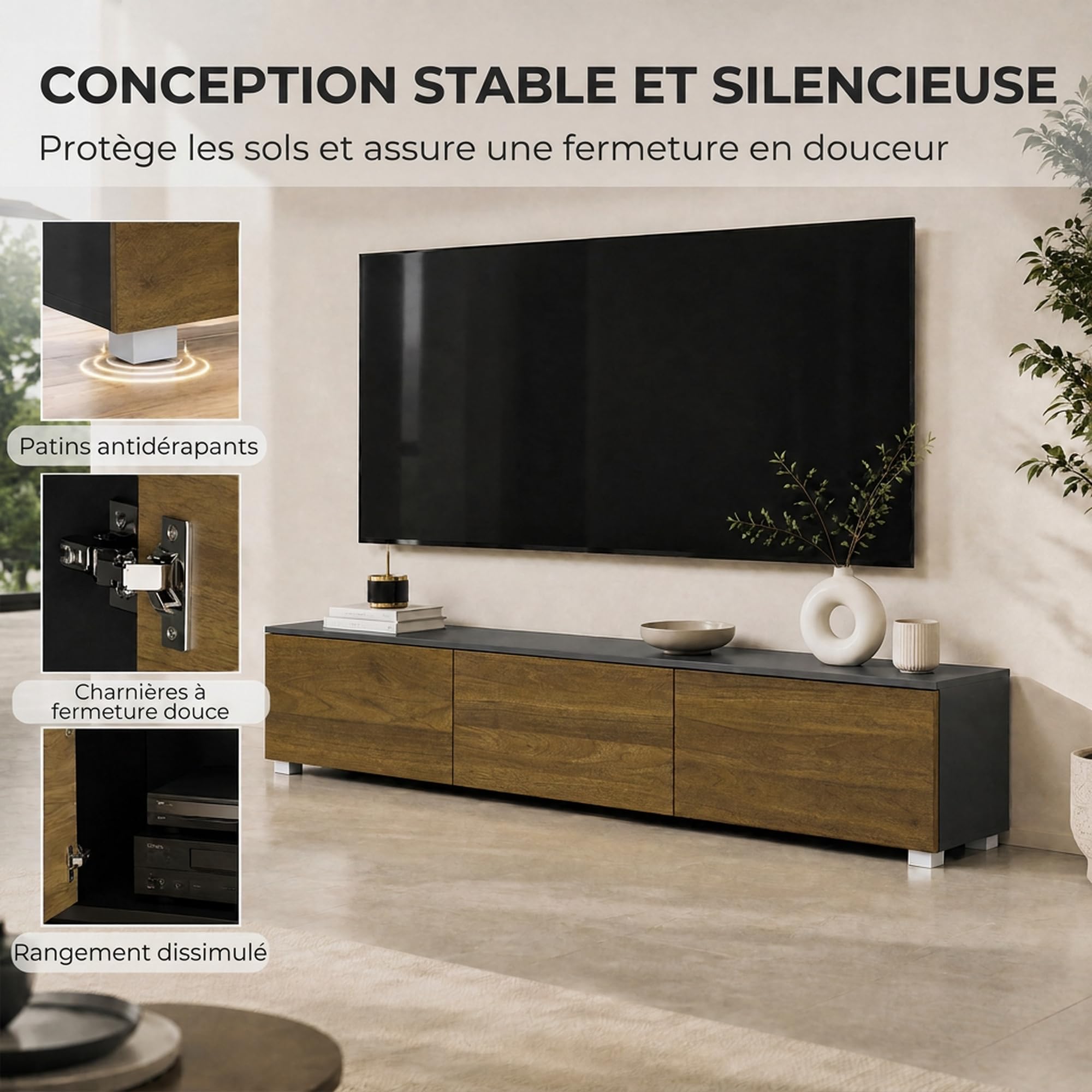 HOMCOM Meuble TV Suspendu ou sur Pied 160cm pour Téléviseur 65 Pouces Noyer