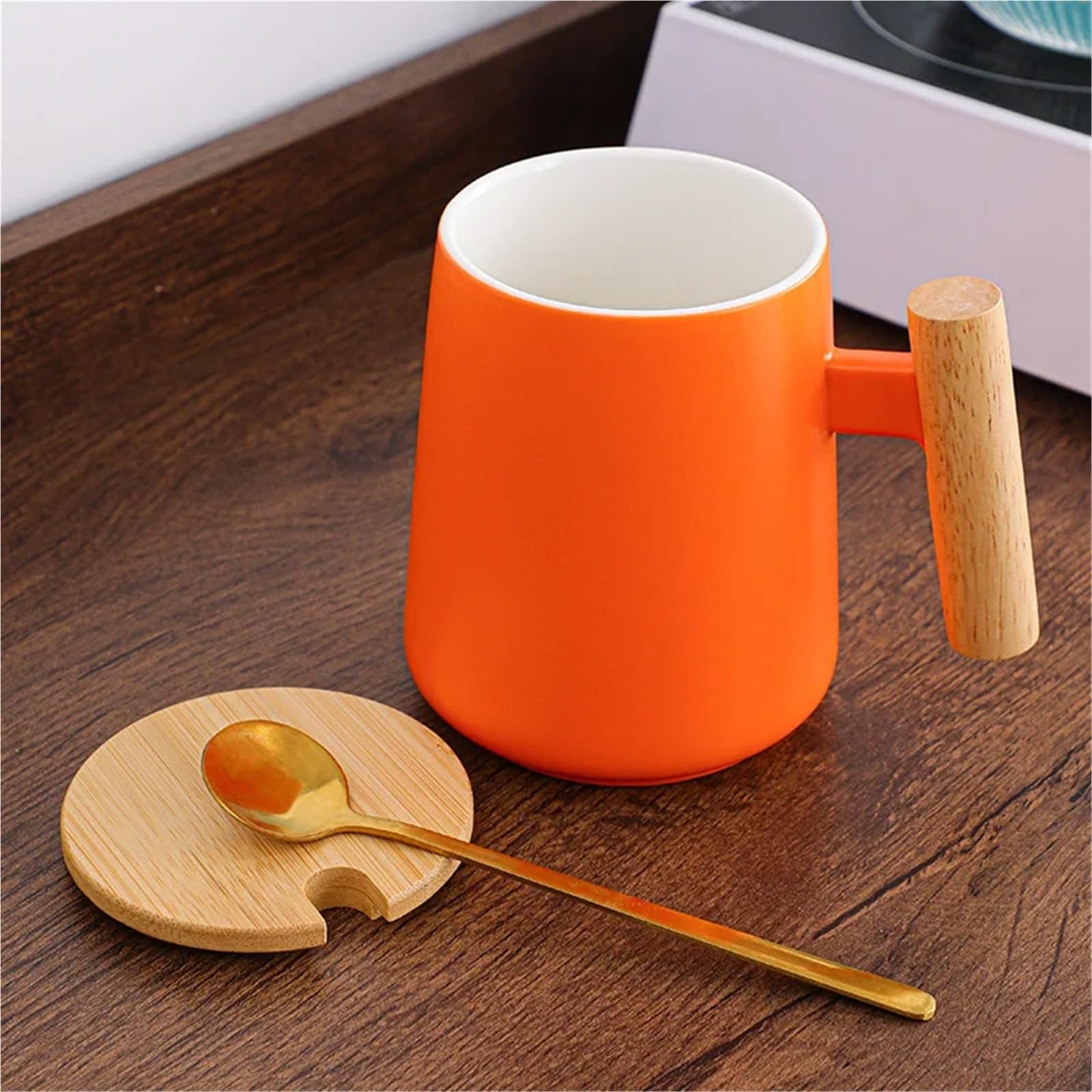Taza de café de cerámica Vintage de 480ml con tapa, mango de madera, taza de agua Retro for oficina y hogar, 2 uds. Para Boda(Orange Green)