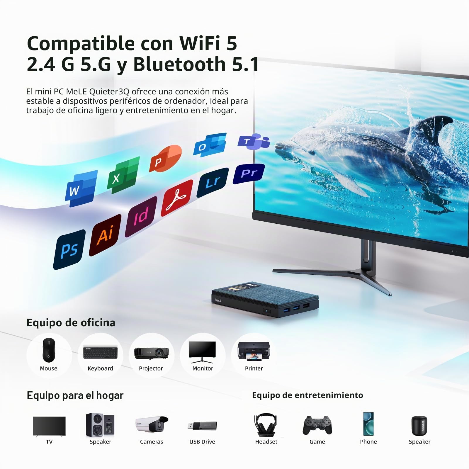 MeLE Quieter3Q WiFi 6 Fanless Mini PC Winodows 11 Pro N5105 8GB 256GB Portable Computer Desktop 4K HDMI HDR Industrial PC Support Win10 NVMe M.2 SSD 2.4G 5.0G WiFi Gigabit Ethernet PXE VESA Mount