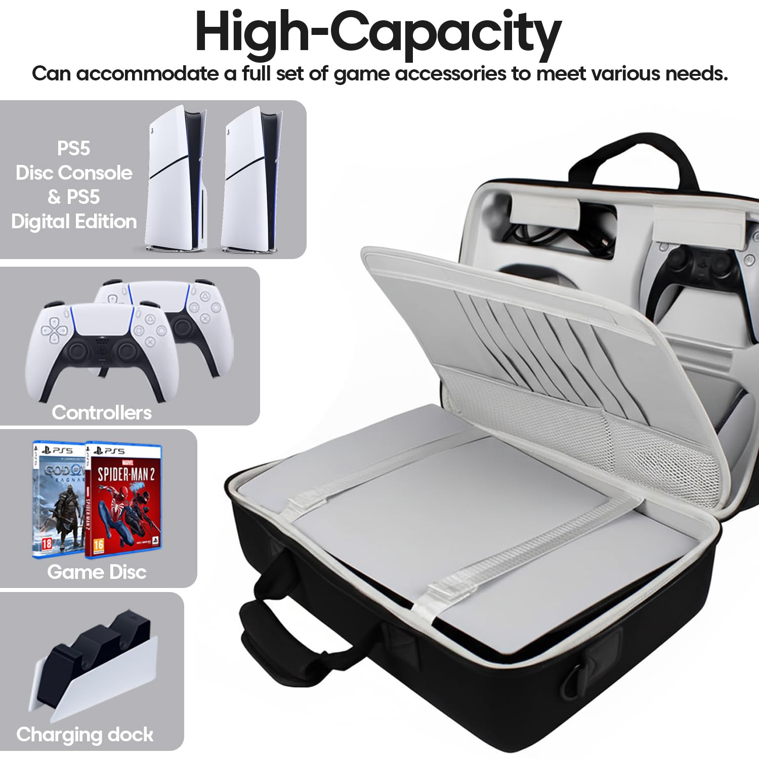 Sounce Durable Hard Shell Water-Resistant Carry Travel Bag for PlayStation 5 Disc and Digital Console Accessories Protective Storage Case (Not for PS5 Slim)