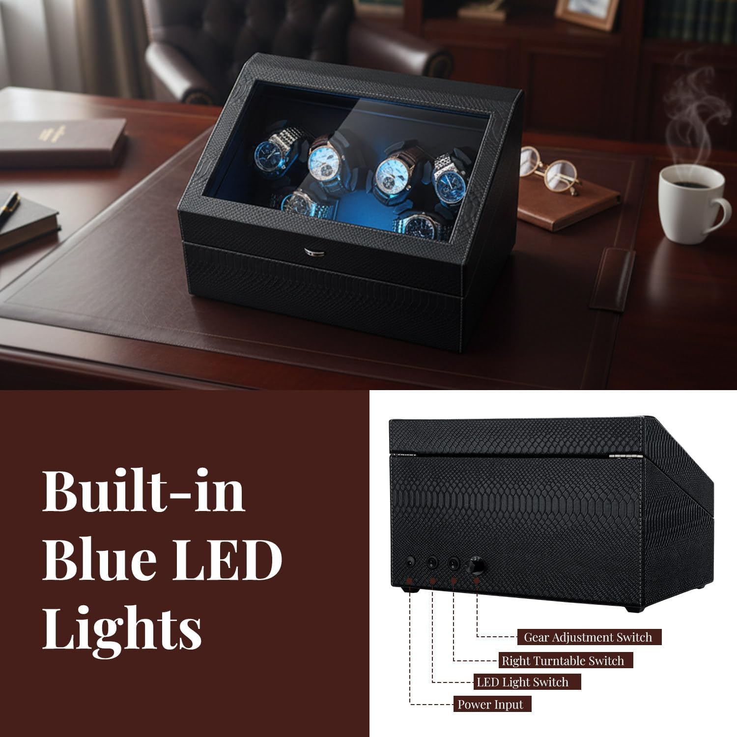 Mcbazel Boîte à Montres Automatique Ultra Silencieuse avec Lumière LED, Boîte de Rangement Luxe pour 6 Montres avec 5 Modes de Rotation et 6 Positions de Rangement Supplémentaires