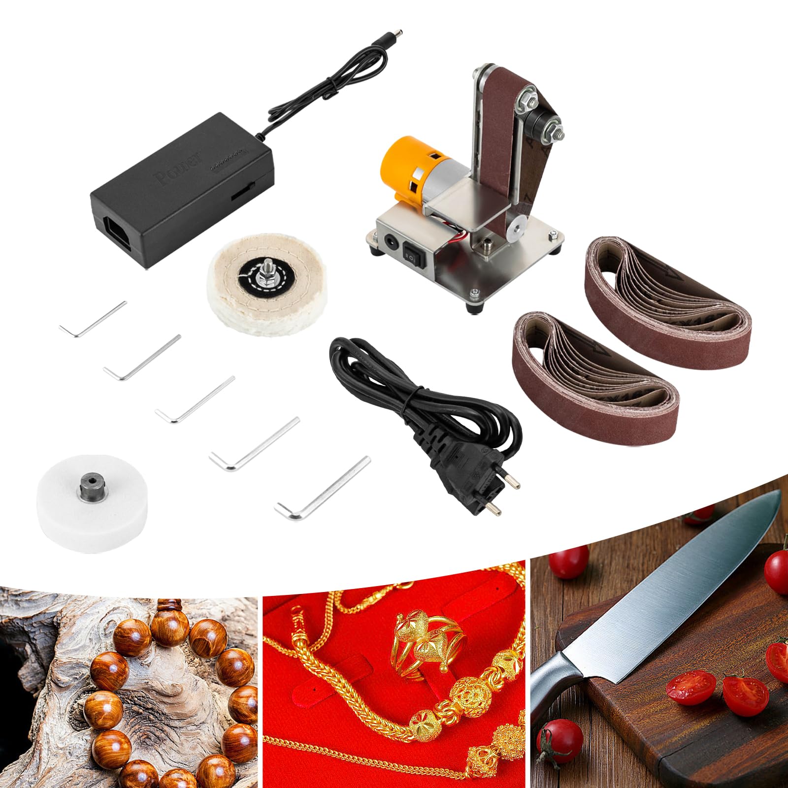 Lijadora eléctrica de mesa de 7 velocidades con disco de pulido y lijado, mini lijadora de banda, lijadora para bricolaje, incluye 20 bandas de lijado para carpintería