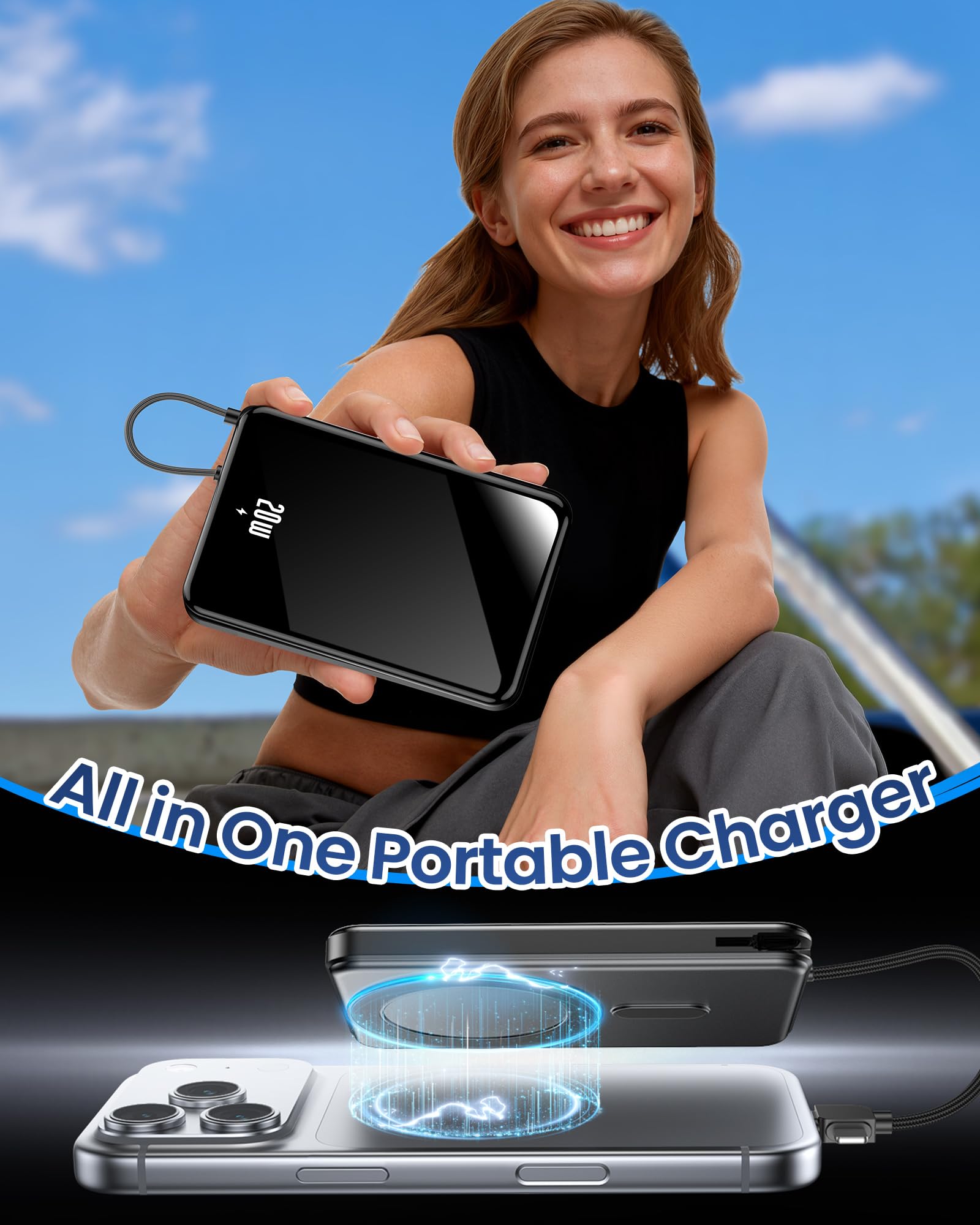 golioklsy Caricabatterie portatile Power Bank, 10000 mAh, caricabatterie per telefono con cavo integrato, ricarica rapida PD da 20 W, batteria sottile con display LED, essenziale da viaggio per iPhone