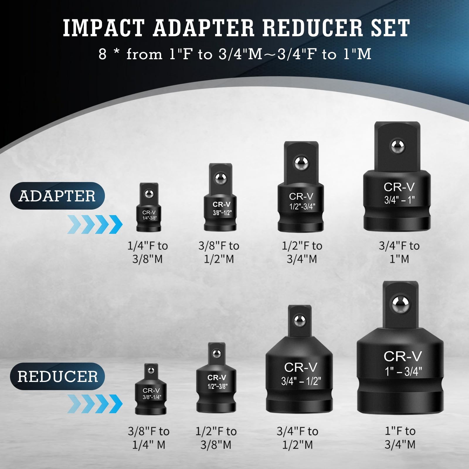 8PCS Impact Socket Adapter and Reducer Set, 1/4" 3/8" 1/2" 3/4" 1" Inch Square Drive Wrench Adapter, CR-MO Steel - Image 2