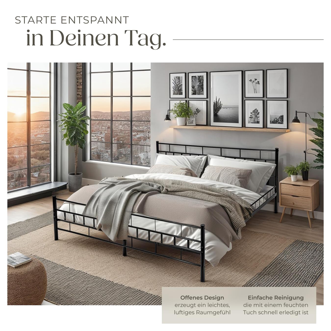 tectake® Metallbett, Bettgestell mit Lattenrost, Einzelbett, Doppelbett aus Metall, Bettrahmen mit Kopfteil Bett für Schlafzimmer, Gästezimmer, Gästebett, Jugendzimmer - 200 x 180 cm, schwarz