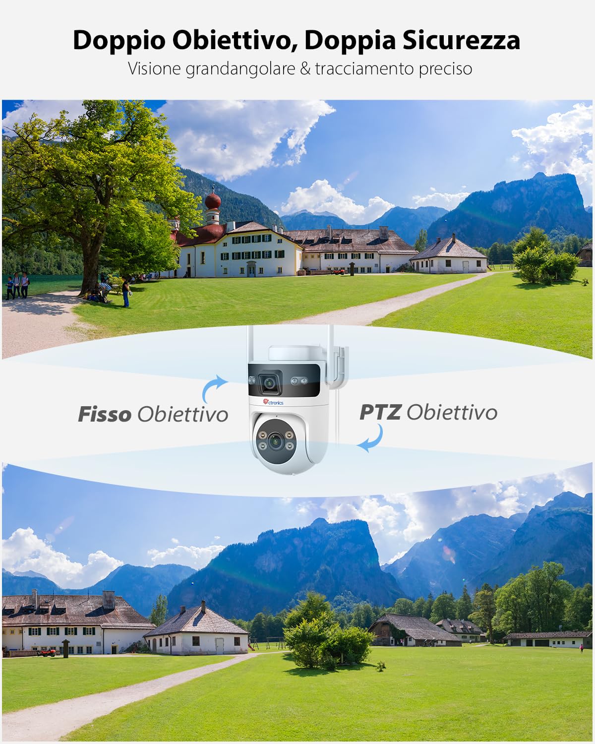 Ctronics PoE Telecamera Wi-Fi Esterno Doppio Obbiettivo, 2.4/5GHz WiFI Videocamera Sorveglianza, PTZ Telecamere Rilevamento Umano e Auto Tracking, Visione Notturna a Colori, PC/Cloud/TF, IP66 | 2.4/5GHz WiFI Videocamera Sorveglianza, PTZ Telecamere Rileva