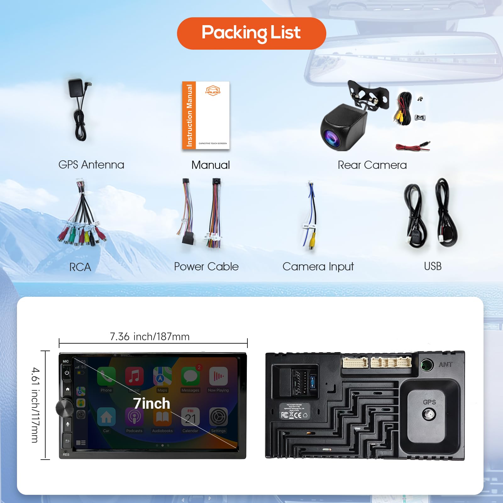 Haudio Autoradio da 7 pollici 2 Din, compatibile con Apple Carplay e Android Auto, autoradio con telecamera di retromarcia HD, GPS, Bluetooth, WiFI, FM/AM/per tutte le auto, 2+64 GB(Aggiornamento CPU)