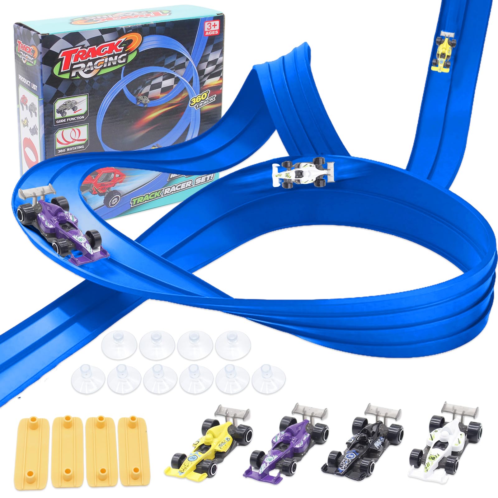 Piste Macchinine per Bambini 5M, Giocattolo Piste da Corsa con 4 Auto, Portatile per Salti Loops Circuito di Corse per Bambini con Rampa, Portatile Pista per 3+ Anni