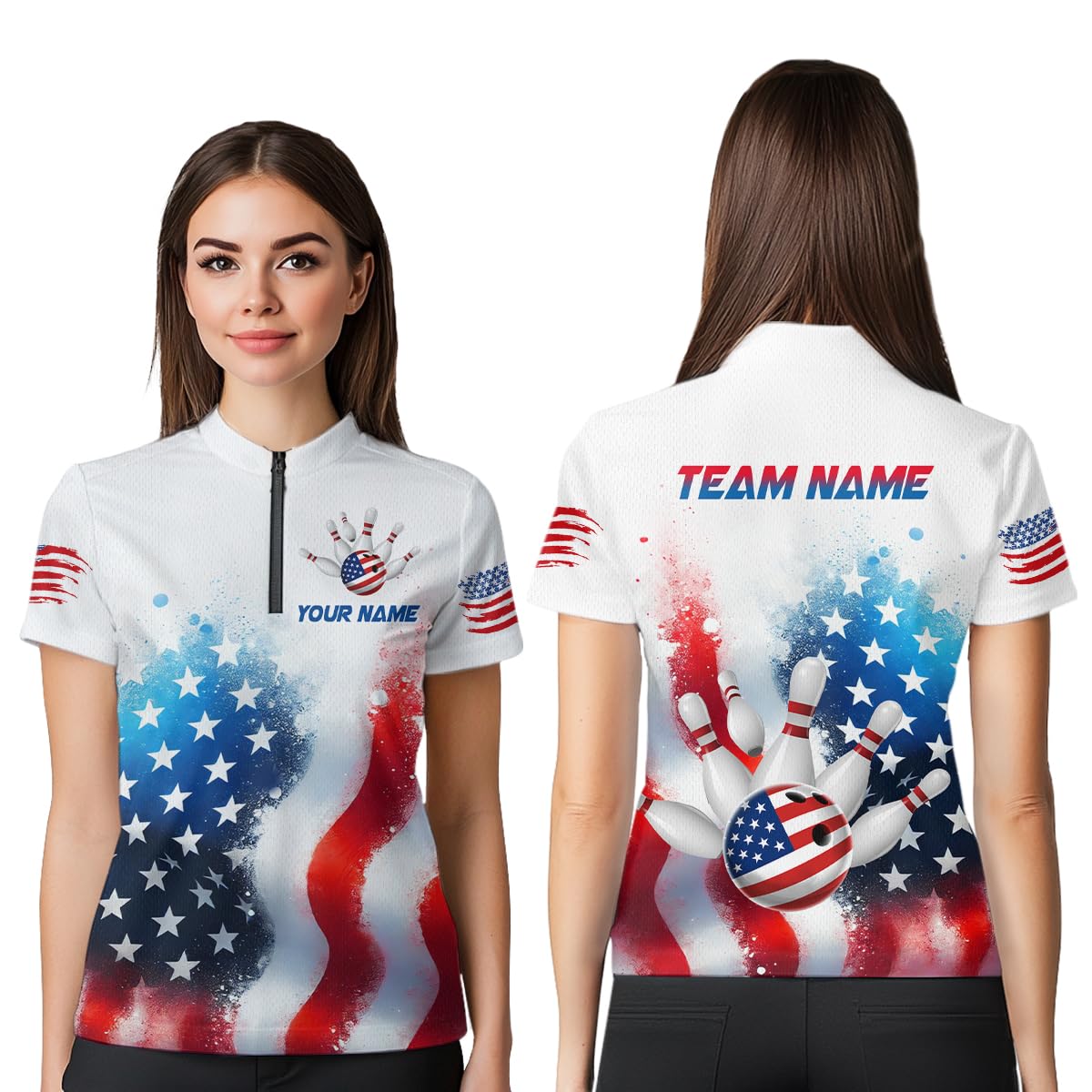 PIONAMZIOZ American Flag Bowling Shirts Custom Team Bowling Shirt for Women Men Patriotic Bowling Polo Shirt 1/4 Zip Shirt (US, Alpha, Small, 5X-Large, Regular, Regular, Women Quarter-Zip)
