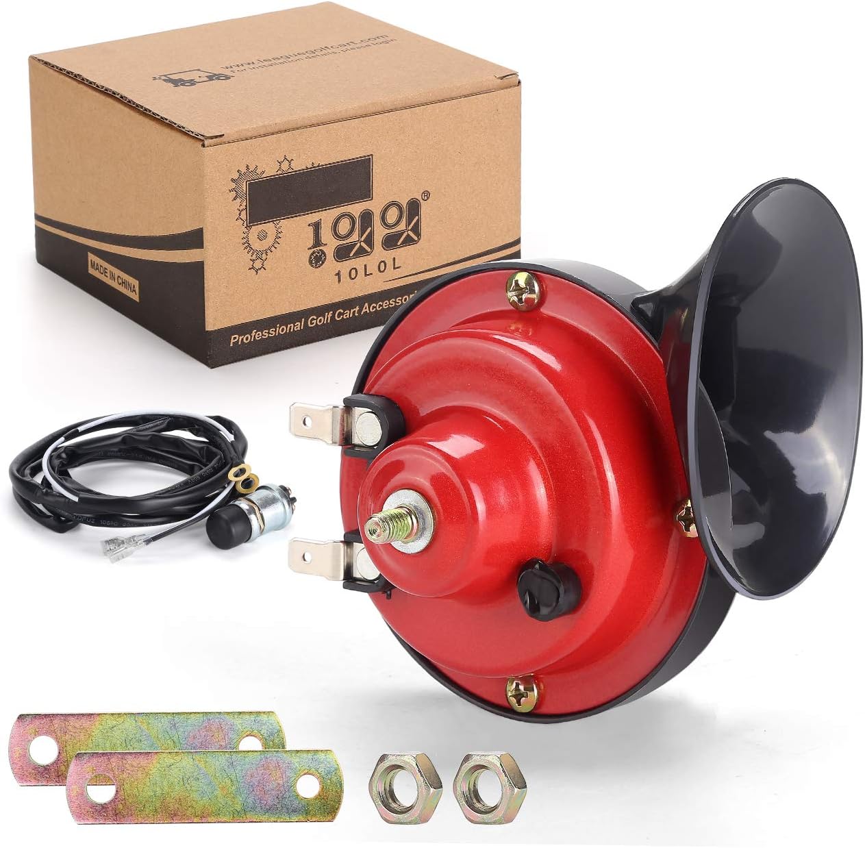 10L0L Universal 12 Volt Golf Cart Horn Kit for EZGO, Club Car, Yamaha - Floor Mount Button Switch, Golf Cart Street Legal Horn Kit